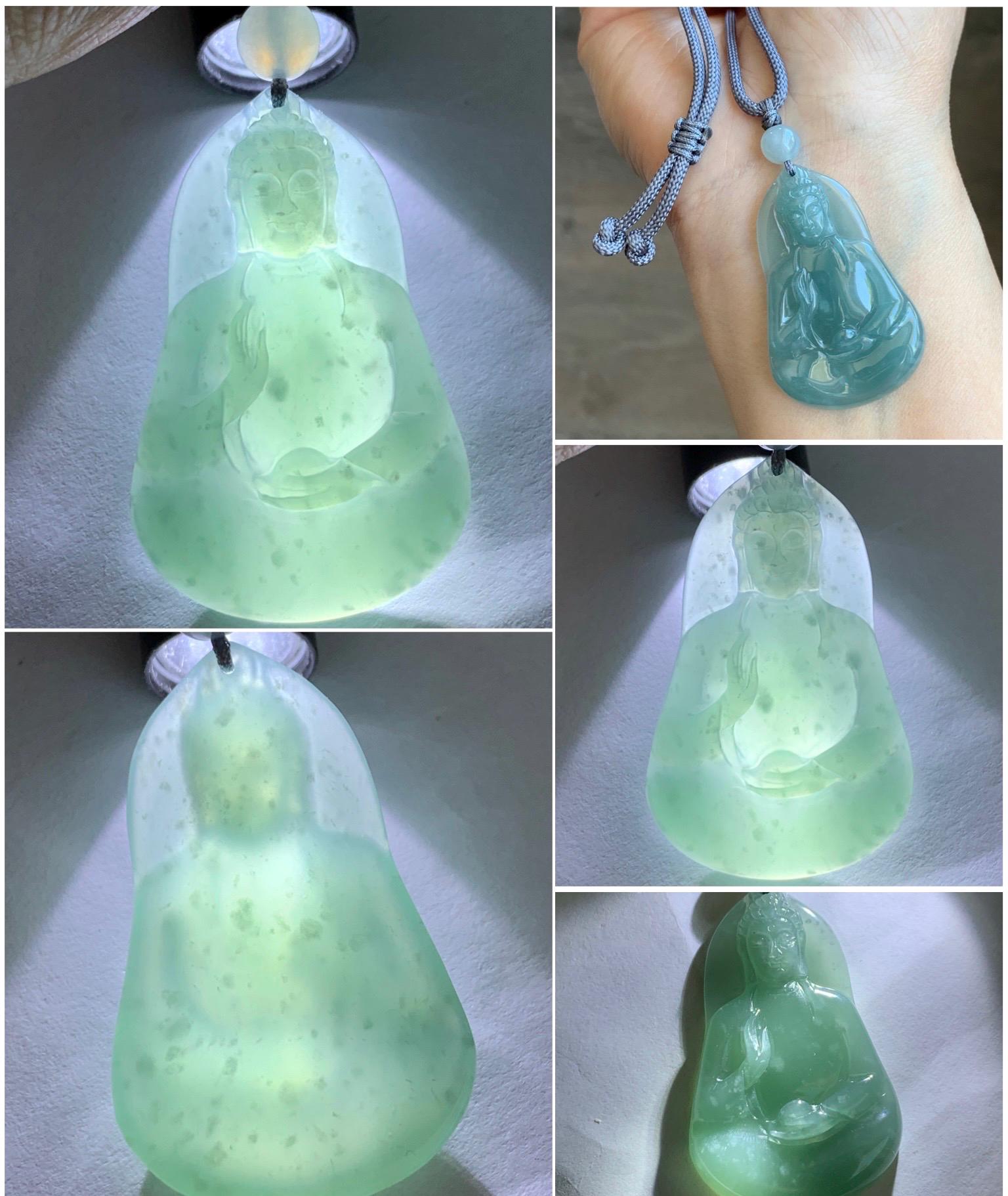 Natural Grade A Guatemalan Icy Translucent Gelatinous Dusty Blue Jadeite Carved Guanyin Pendant Rope Necklace 25” 12g 天然冰胶危浅蓝翡翠素衣观音吊坠 SYG110
