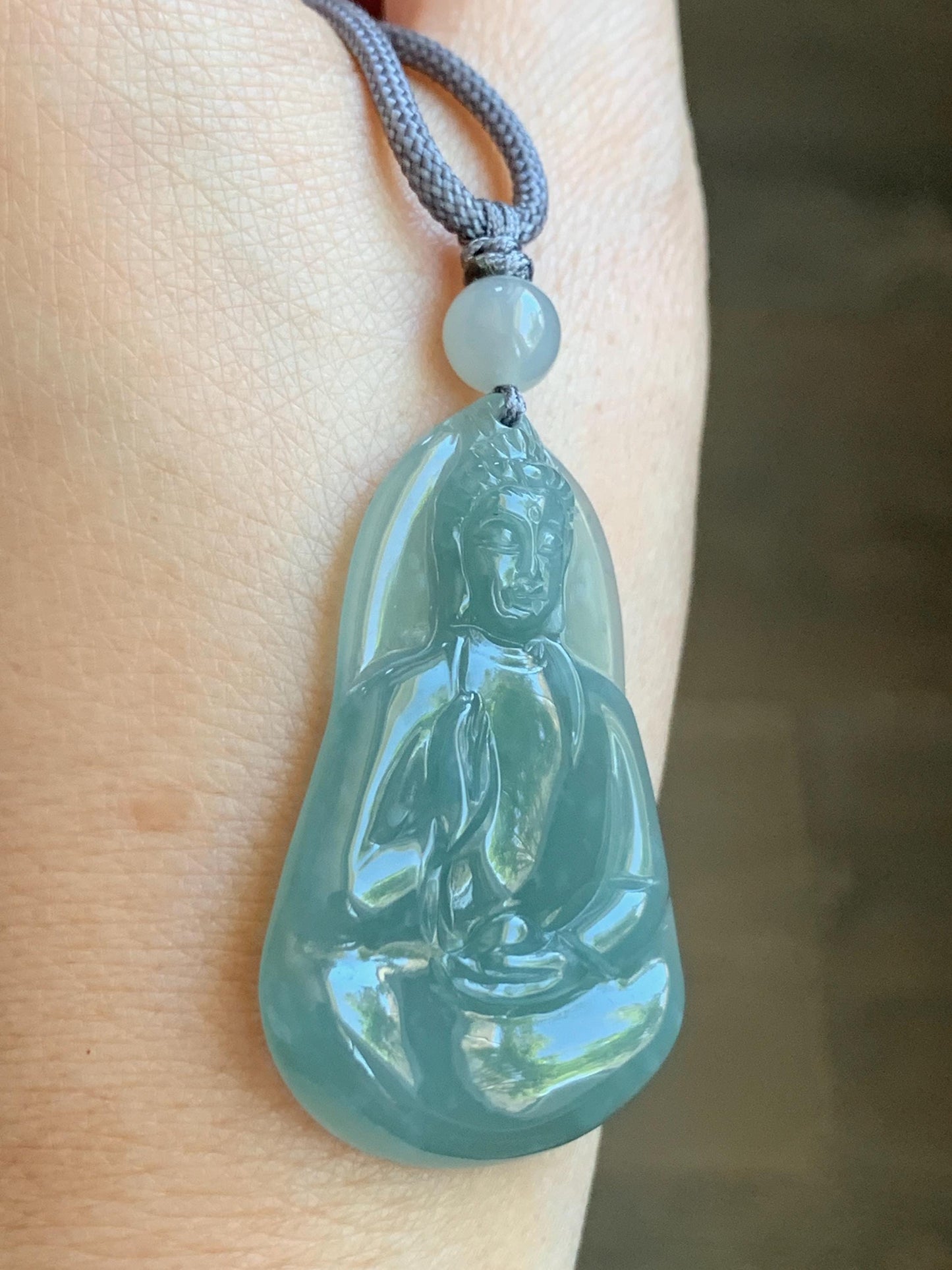 Natural Grade A Guatemalan Icy Translucent Gelatinous Dusty Blue Jadeite Carved Guanyin Pendant Rope Necklace 25” 12g 天然冰胶危浅蓝翡翠素衣观音吊坠 SYG110