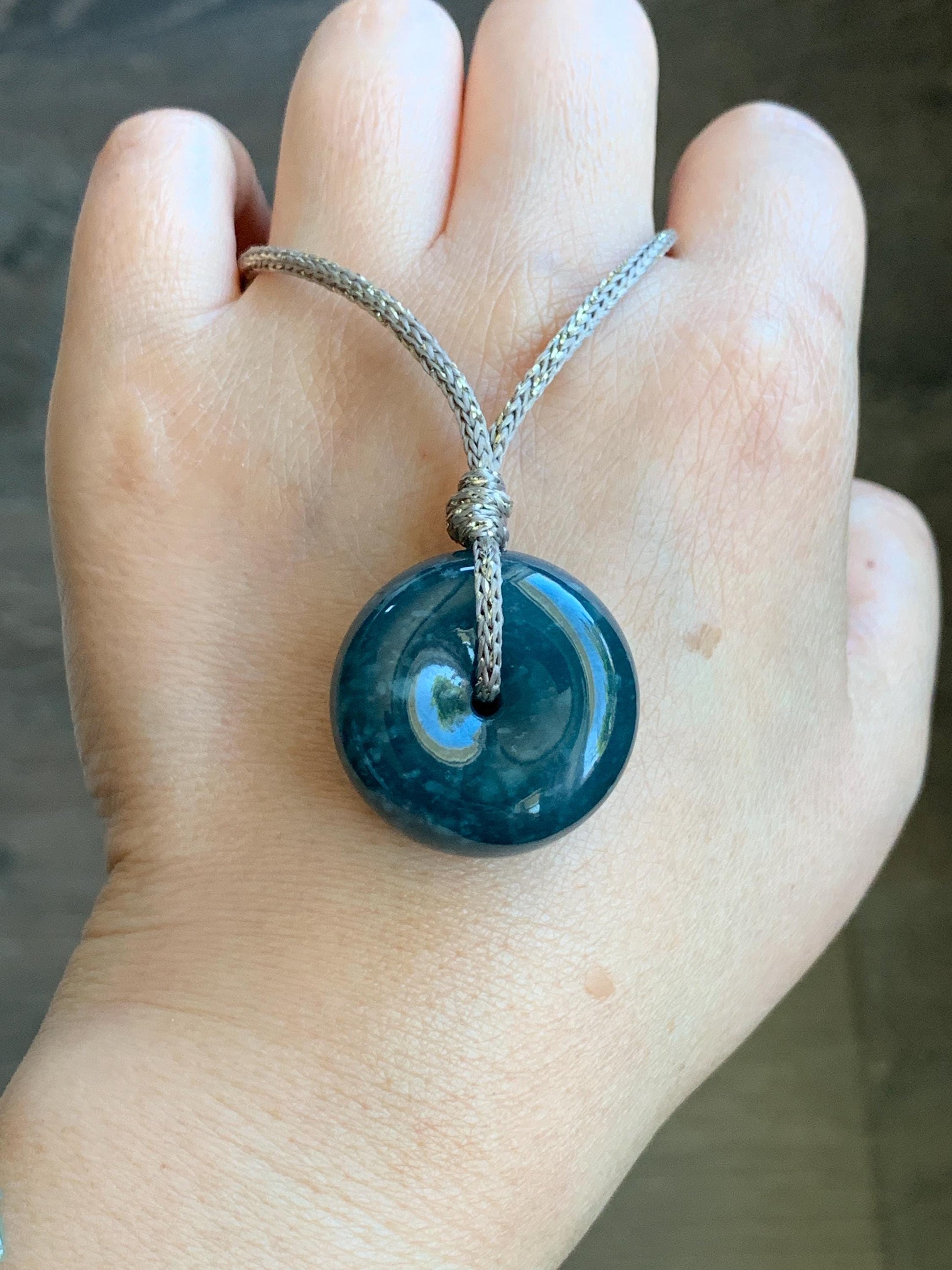 Natural Guatemalan Icy Translucent Dark Teal Blue Jadeite Thick Ping An Kou Donut Pendant Rope Necklace Adjustable 25" 天然冰危深蓝翡翠平安肥扣吊坠 DFP-1