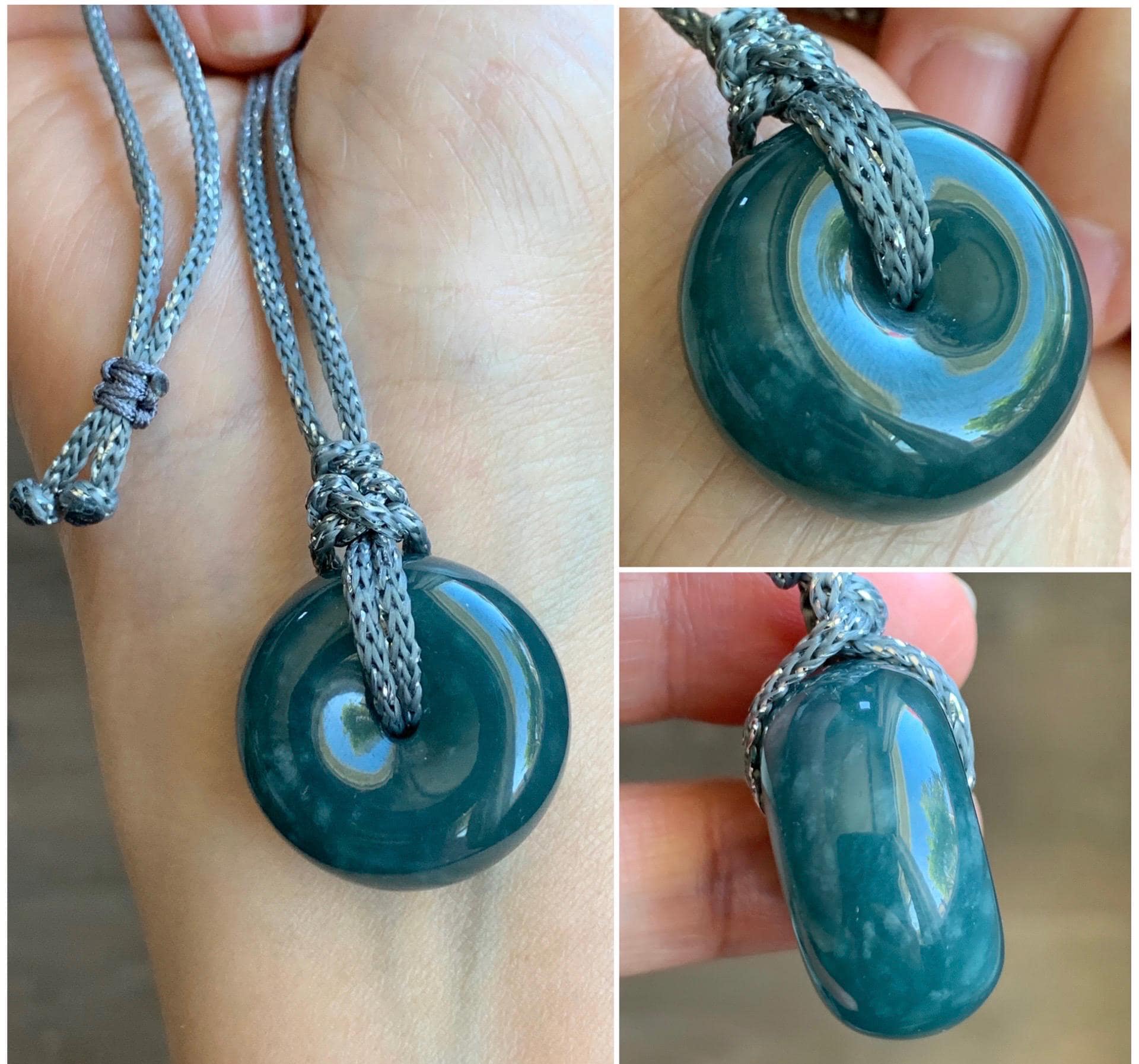 Natural Guatemalan Icy Translucent Dark Teal Blue Jadeite Thick Ping An Kou Donut Pendant Rope Necklace Adjustable 24" 天然冰危深蓝翡翠平安肥扣吊坠 DFP-2