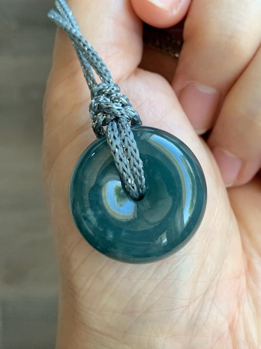 Natural Guatemalan Icy Translucent Dark Teal Blue Jadeite Thick Ping An Kou Donut Pendant Rope Necklace Adjustable 24" 天然冰危深蓝翡翠平安肥扣吊坠 DFP-2