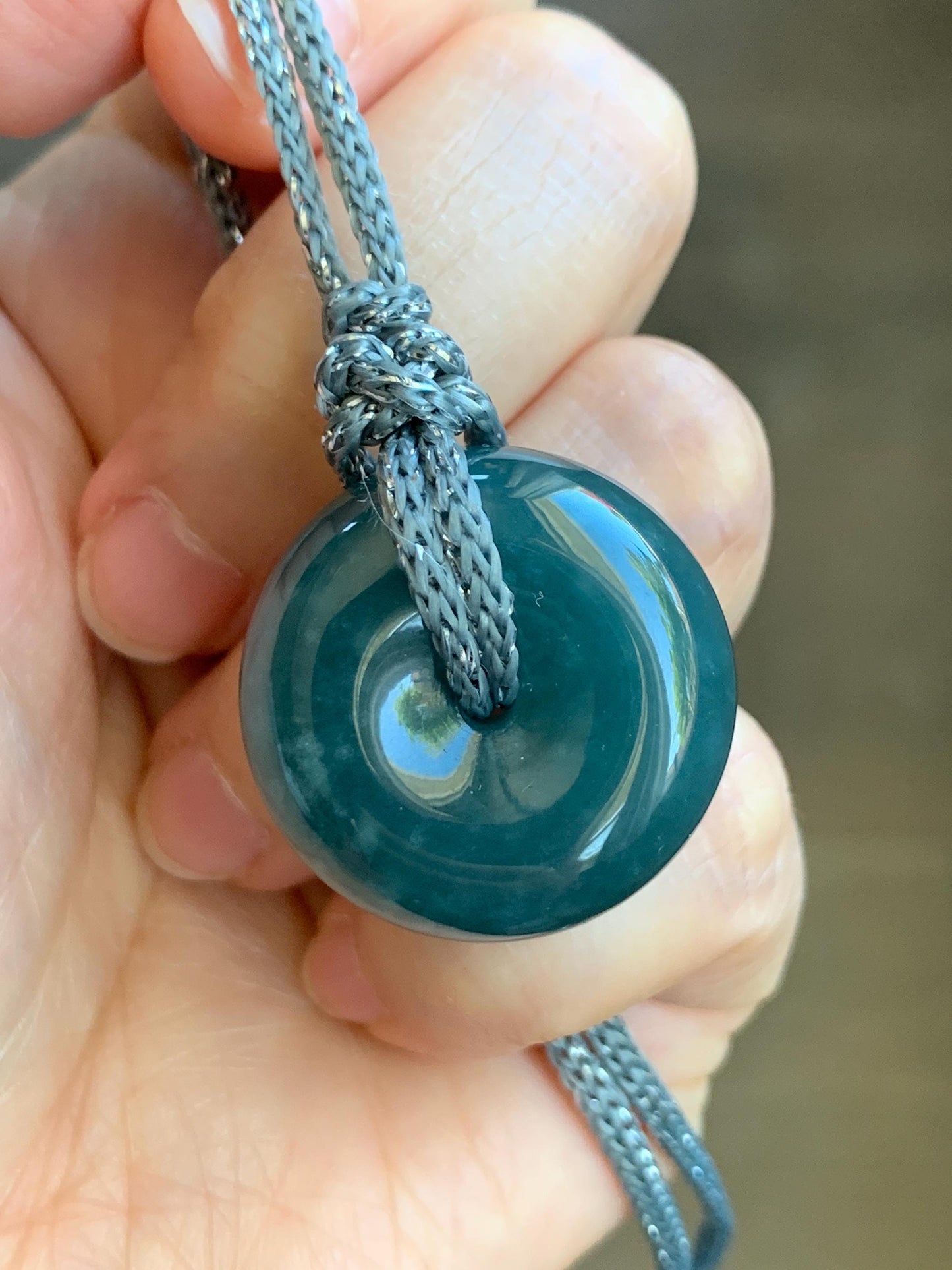 Natural Guatemalan Icy Translucent Dark Teal Blue Jadeite Thick Ping An Kou Donut Pendant Rope Necklace Adjustable 24" 天然冰危深蓝翡翠平安肥扣吊坠 DFP-2