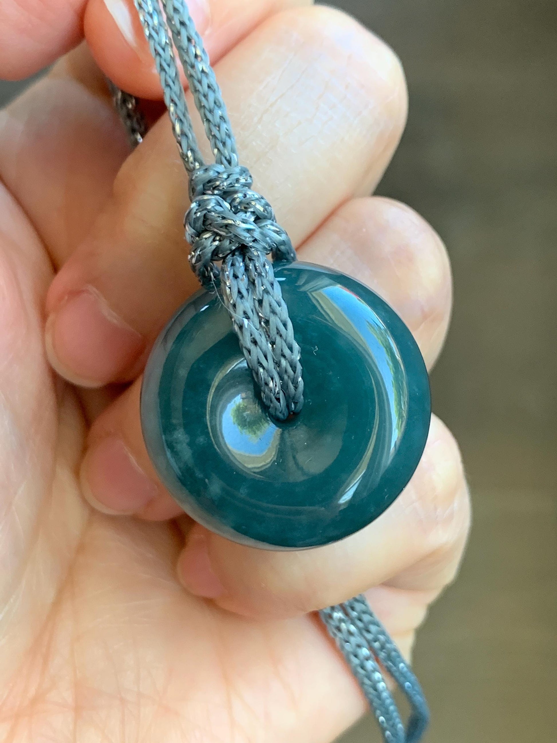 Natural Guatemalan Icy Translucent Dark Teal Blue Jadeite Thick Ping An Kou Donut Pendant Rope Necklace Adjustable 24" 天然冰危深蓝翡翠平安肥扣吊坠 DFP-2
