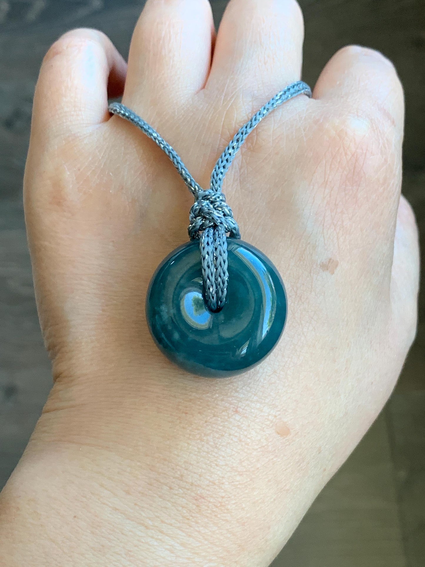 Natural Guatemalan Icy Translucent Dark Teal Blue Jadeite Thick Ping An Kou Donut Pendant Rope Necklace Adjustable 24" 天然冰危深蓝翡翠平安肥扣吊坠 DFP-2