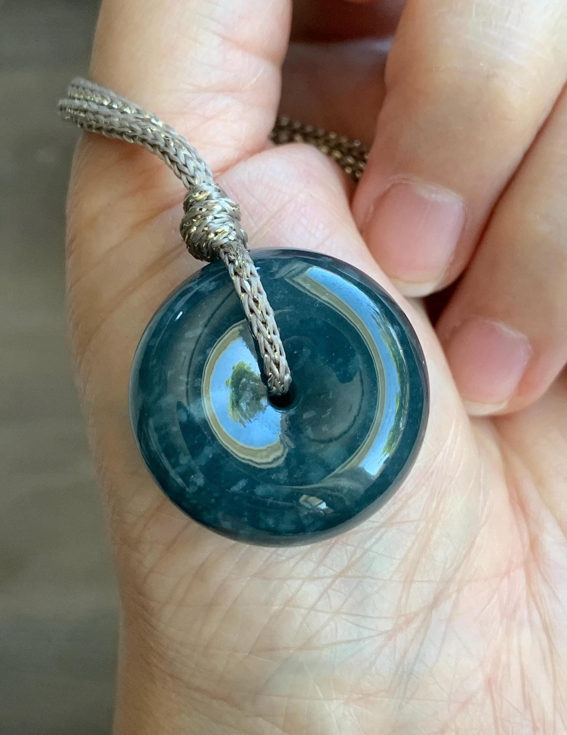 Natural Guatemalan Icy Translucent Dark Teal Blue Jadeite Thick Ping An Kou Donut Pendant Rope Necklace Adjustable 25" 天然冰危深蓝翡翠平安肥扣吊坠 DFP-1