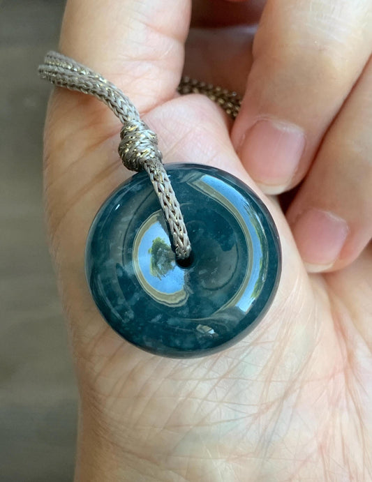 Natural Guatemalan Icy Translucent Dark Teal Blue Jadeite Thick Ping An Kou Donut Pendant Rope Necklace Adjustable 25" 天然冰危深蓝翡翠平安肥扣吊坠 DFP-1