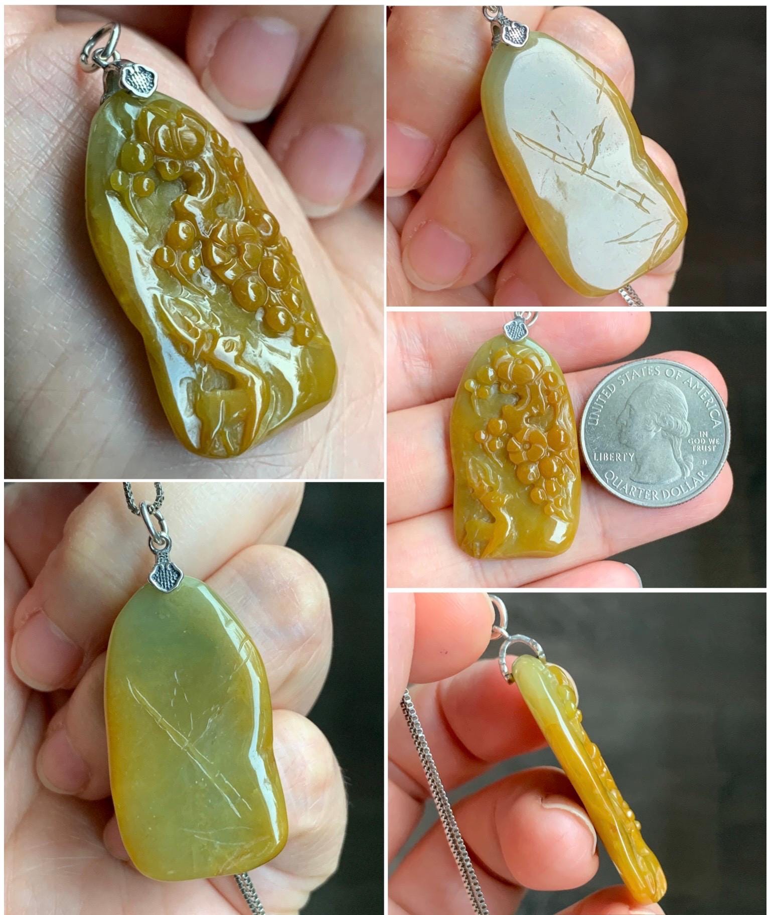 Natural Grade A Guatemalan Icy Translucent Rich Yellow Jadeite Deer Cherry Blossom Pendant Sterling Silver 8g 天然冰危油黄翡翠梅花鹿吊坠挂件 WHL99