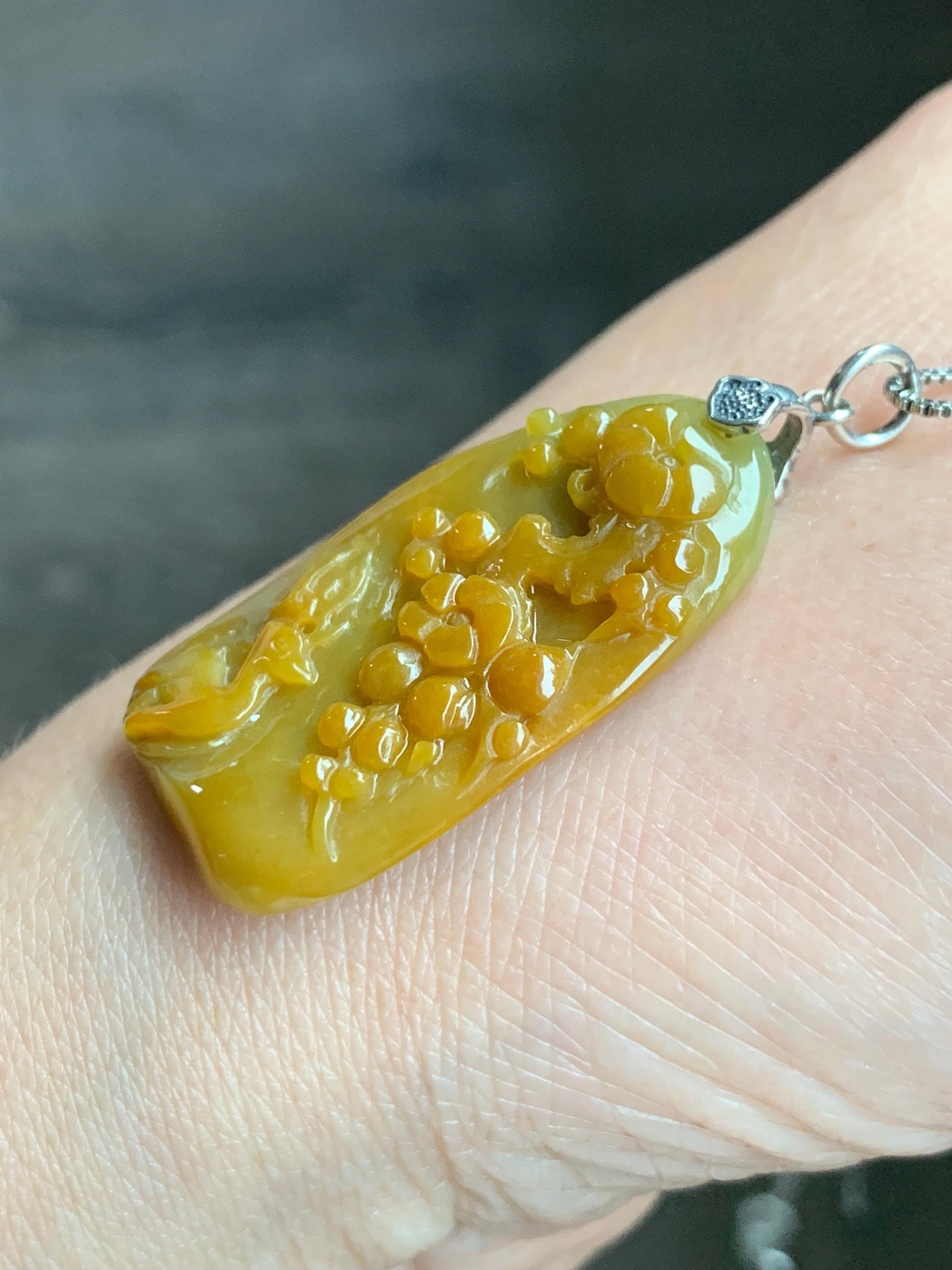 Natural Grade A Guatemalan Icy Translucent Rich Yellow Jadeite Deer Cherry Blossom Pendant Sterling Silver 8g 天然冰危油黄翡翠梅花鹿吊坠挂件 WHL99