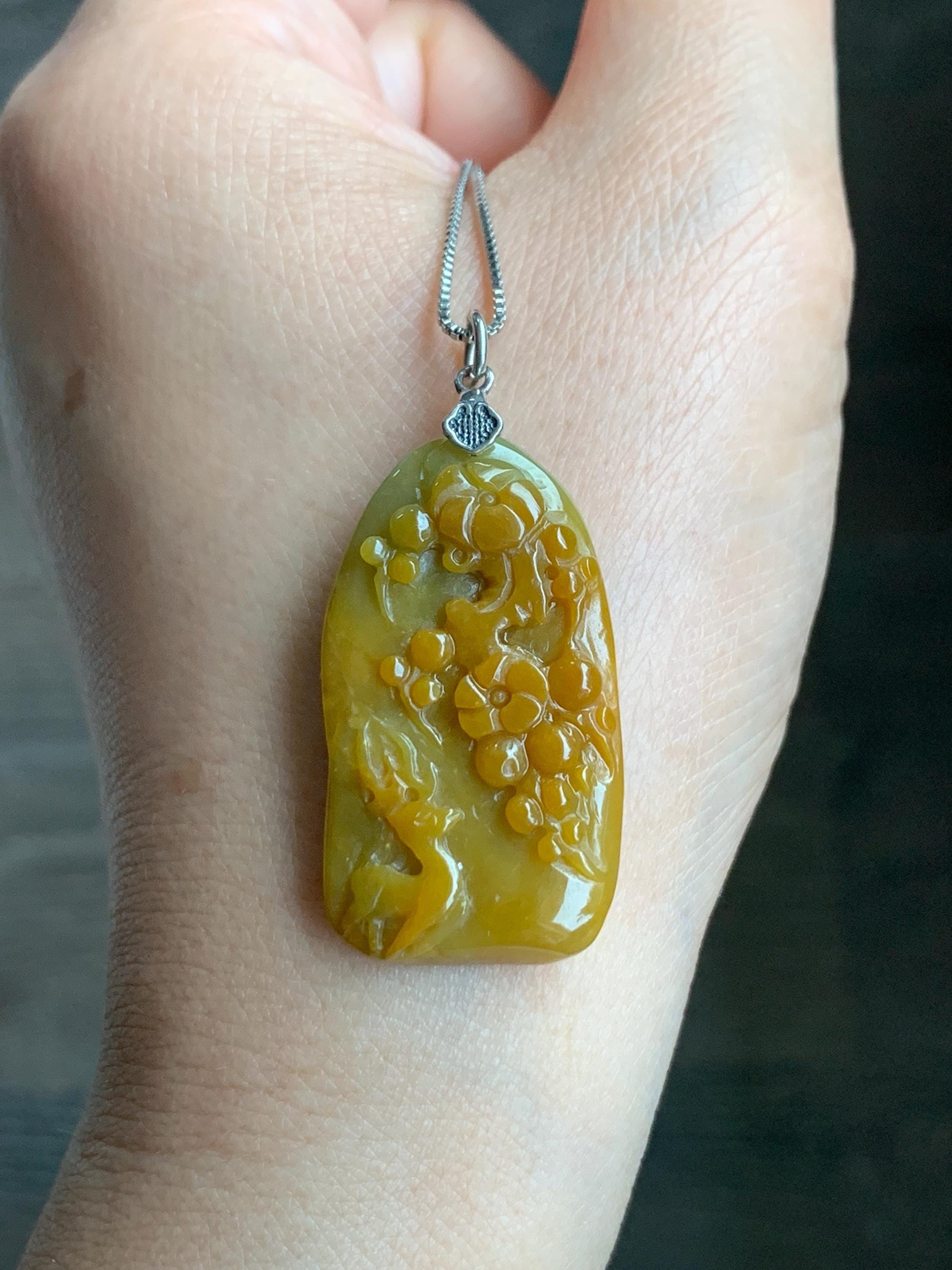 Natural Grade A Guatemalan Icy Translucent Rich Yellow Jadeite Deer Cherry Blossom Pendant Sterling Silver 8g 天然冰危油黄翡翠梅花鹿吊坠挂件 WHL99
