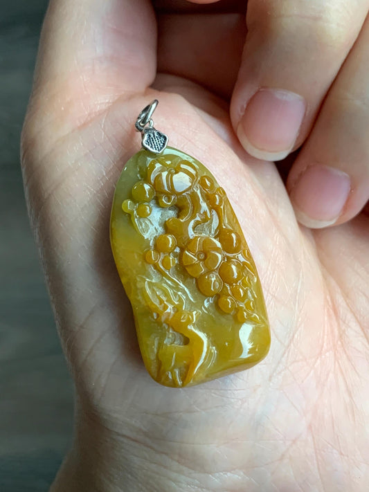 Natural Grade A Guatemalan Icy Translucent Rich Yellow Jadeite Deer Cherry Blossom Pendant Sterling Silver 8g 天然冰危油黄翡翠梅花鹿吊坠挂件 WHL99
