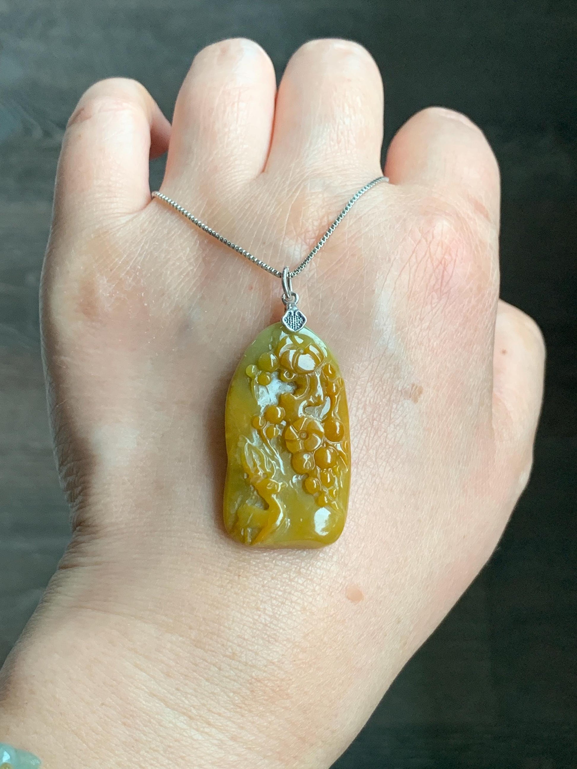 Natural Grade A Guatemalan Icy Translucent Rich Yellow Jadeite Deer Cherry Blossom Pendant Sterling Silver 8g 天然冰危油黄翡翠梅花鹿吊坠挂件 WHL99