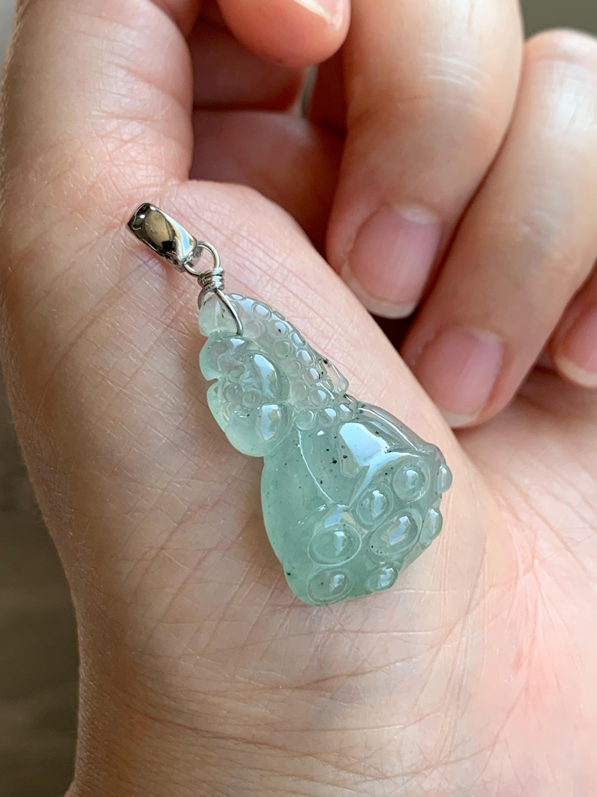 Natural Grade A Icy Highly Translucent Gelatinous Light Green Jadeite Lotus Pod Pendant Sterling Silver 5g 天然冰胶晴底翡翠莲蓬吊坠 MQO169