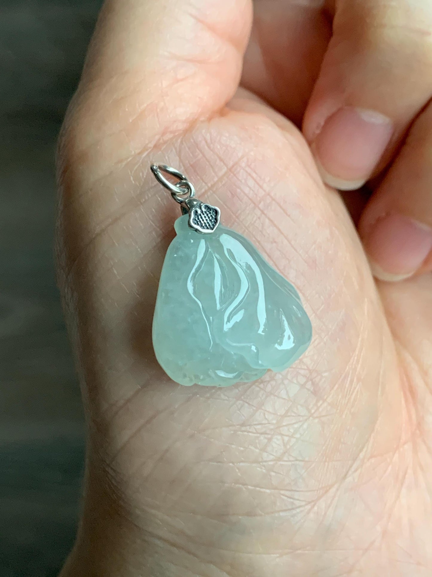 Natural Grade A Icy Translucent Gelatinous Pastel Green Jadeite Carved Cabbage Pendant Sterling Silver 5g 天然冰胶晴底翡翠白菜吊坠 MBC360