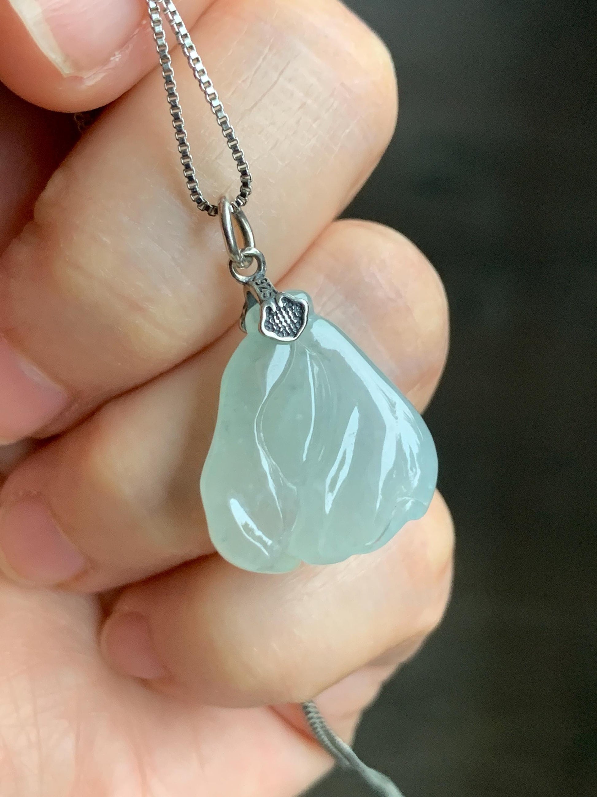 Natural Grade A Icy Translucent Gelatinous Pastel Green Jadeite Carved Cabbage Pendant Sterling Silver 5g 天然冰胶晴底翡翠白菜吊坠 MBC360