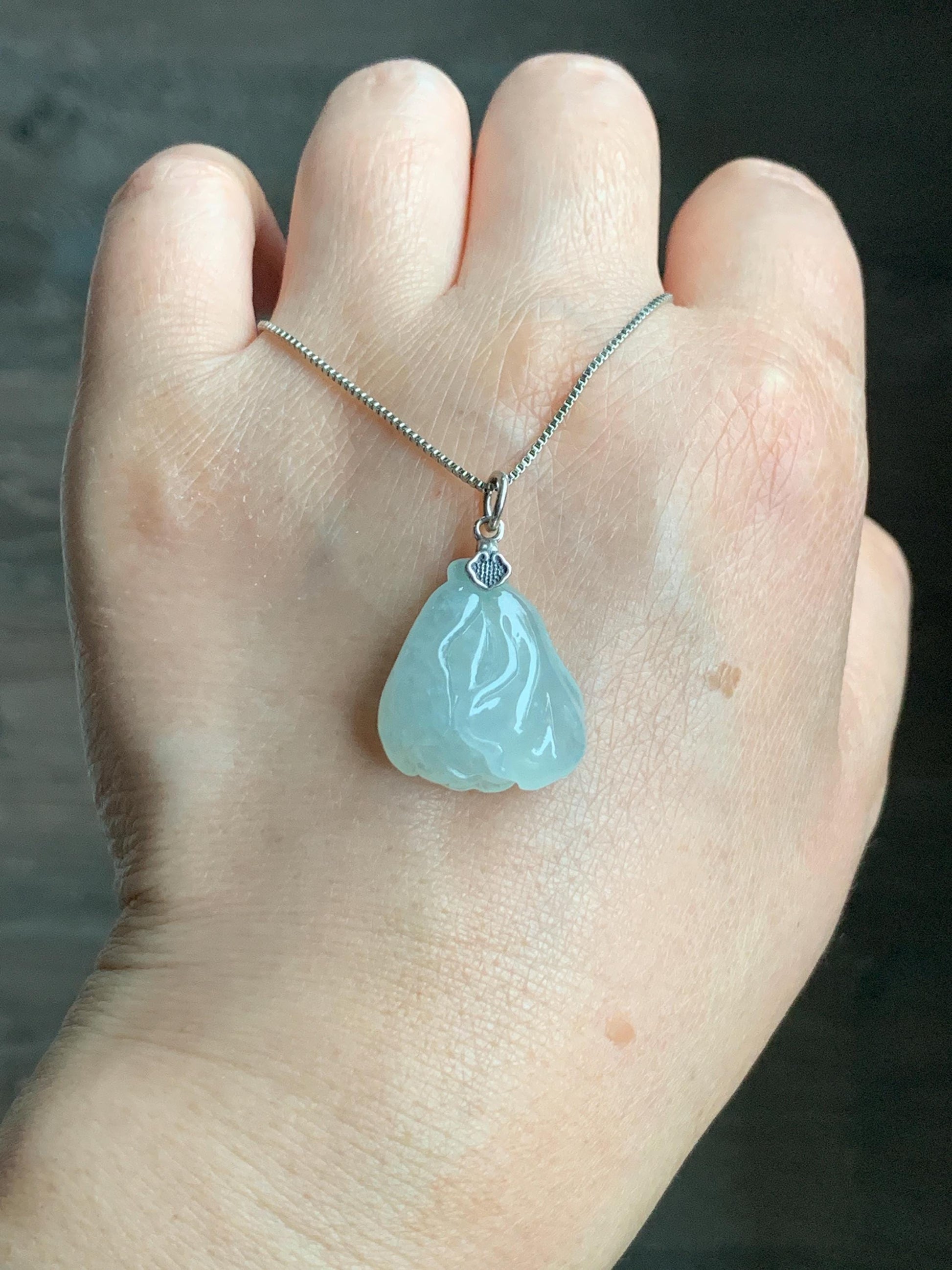 Natural Grade A Icy Translucent Gelatinous Pastel Green Jadeite Carved Cabbage Pendant Sterling Silver 5g 天然冰胶晴底翡翠白菜吊坠 MBC360