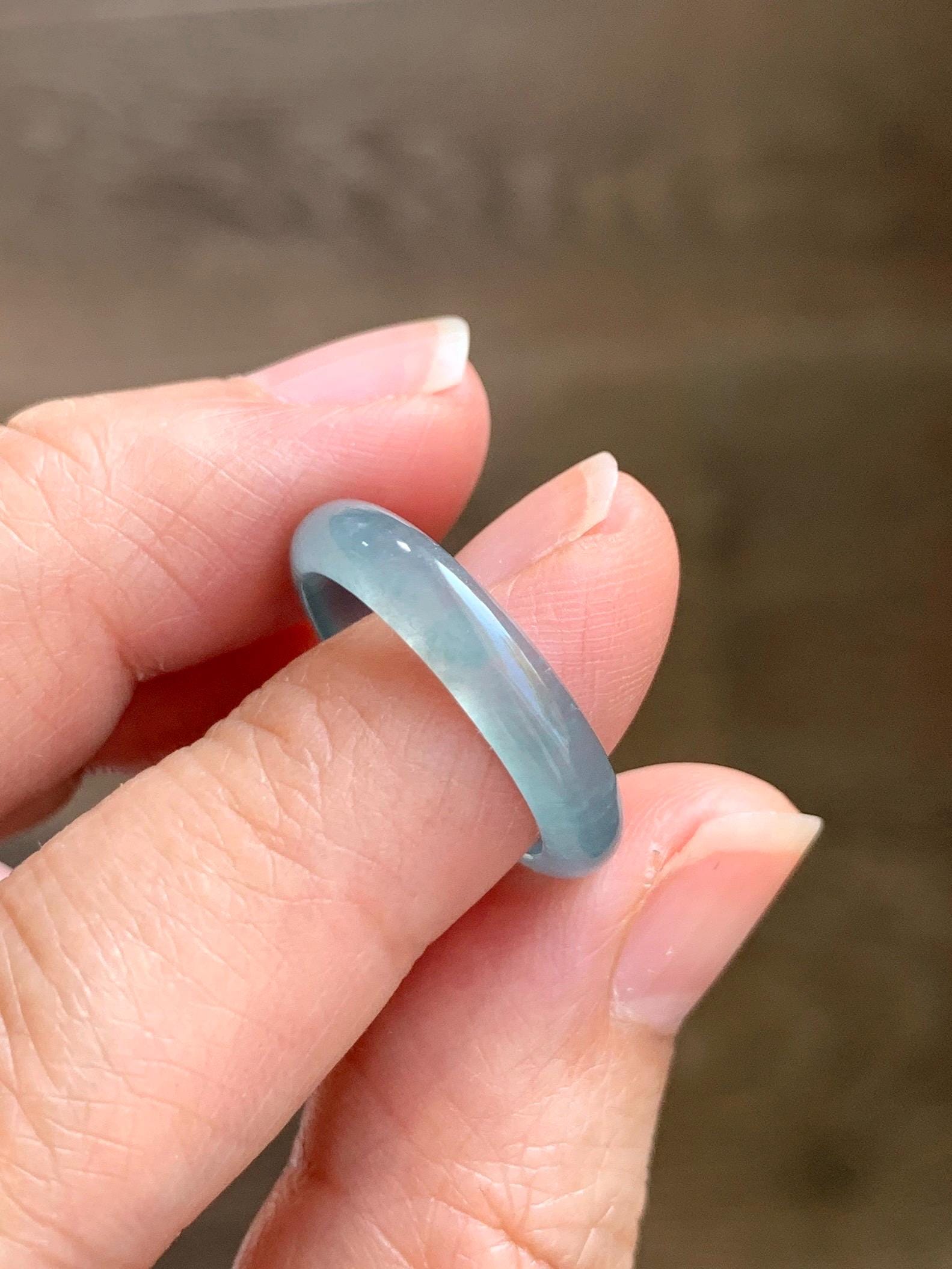 Natural Grade A Guatemalan Icy Highly Translucent Gelatinous Light Teal Blue Jade Jadeite Band Ring Size 6.5 US 天然冰危浅蓝起光翡翠戒圈 WLK44-A