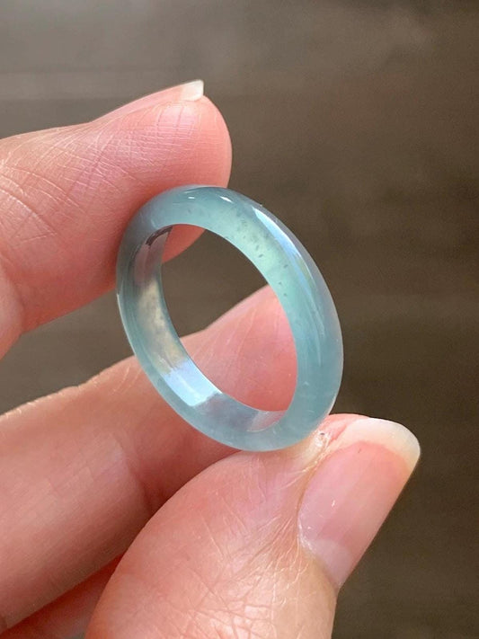 Natural Grade A Guatemalan Icy Highly Translucent Gelatinous Light Teal Blue Jade Jadeite Band Ring Size 6.5 US 天然冰危浅蓝起光翡翠戒圈 WLK44-A