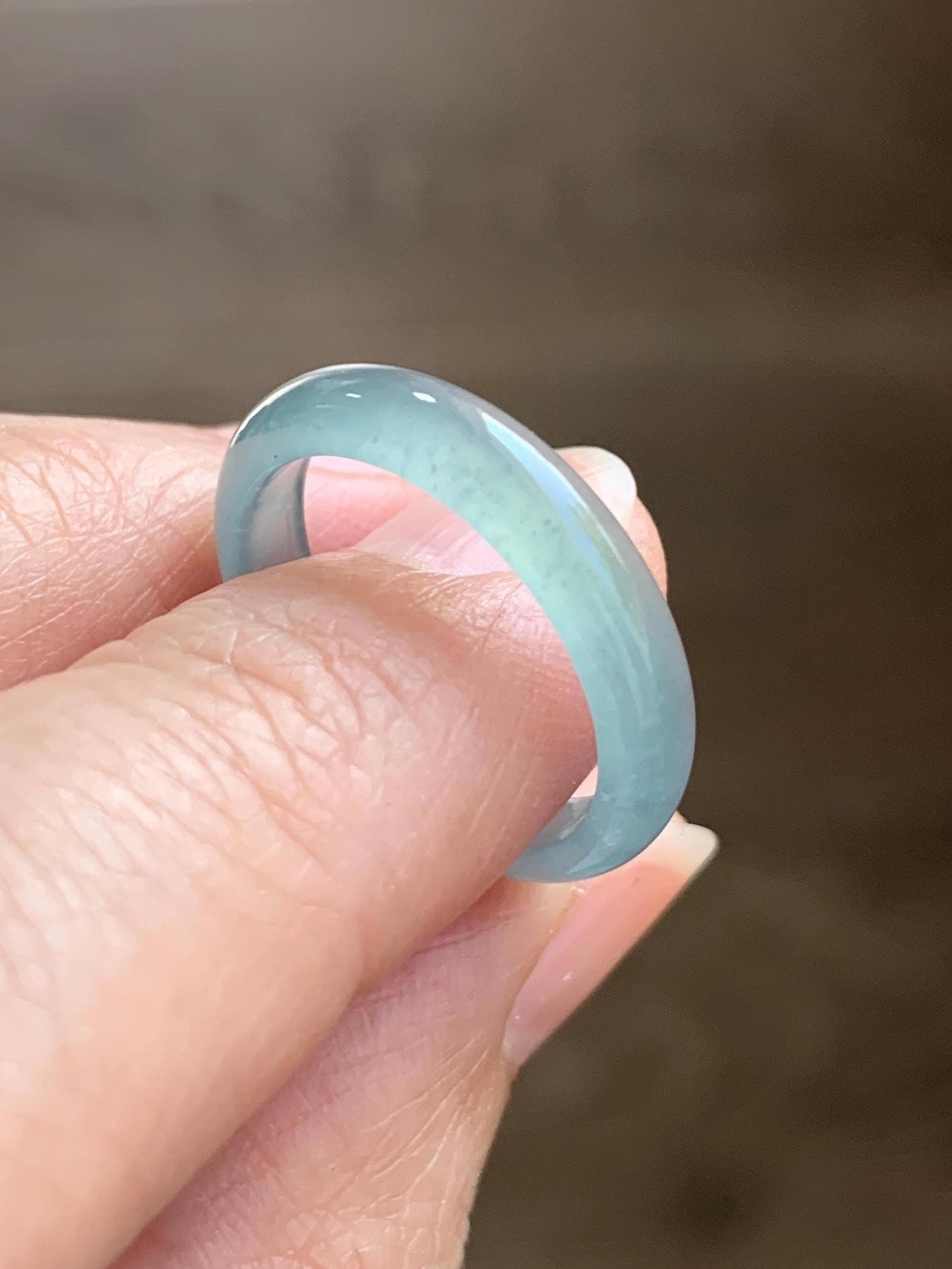 Natural Grade A Guatemalan Icy Highly Translucent Gelatinous Light Teal Blue Jade Jadeite Band Ring Size 6.5 US 天然冰危浅蓝起光翡翠戒圈 WLK44-A
