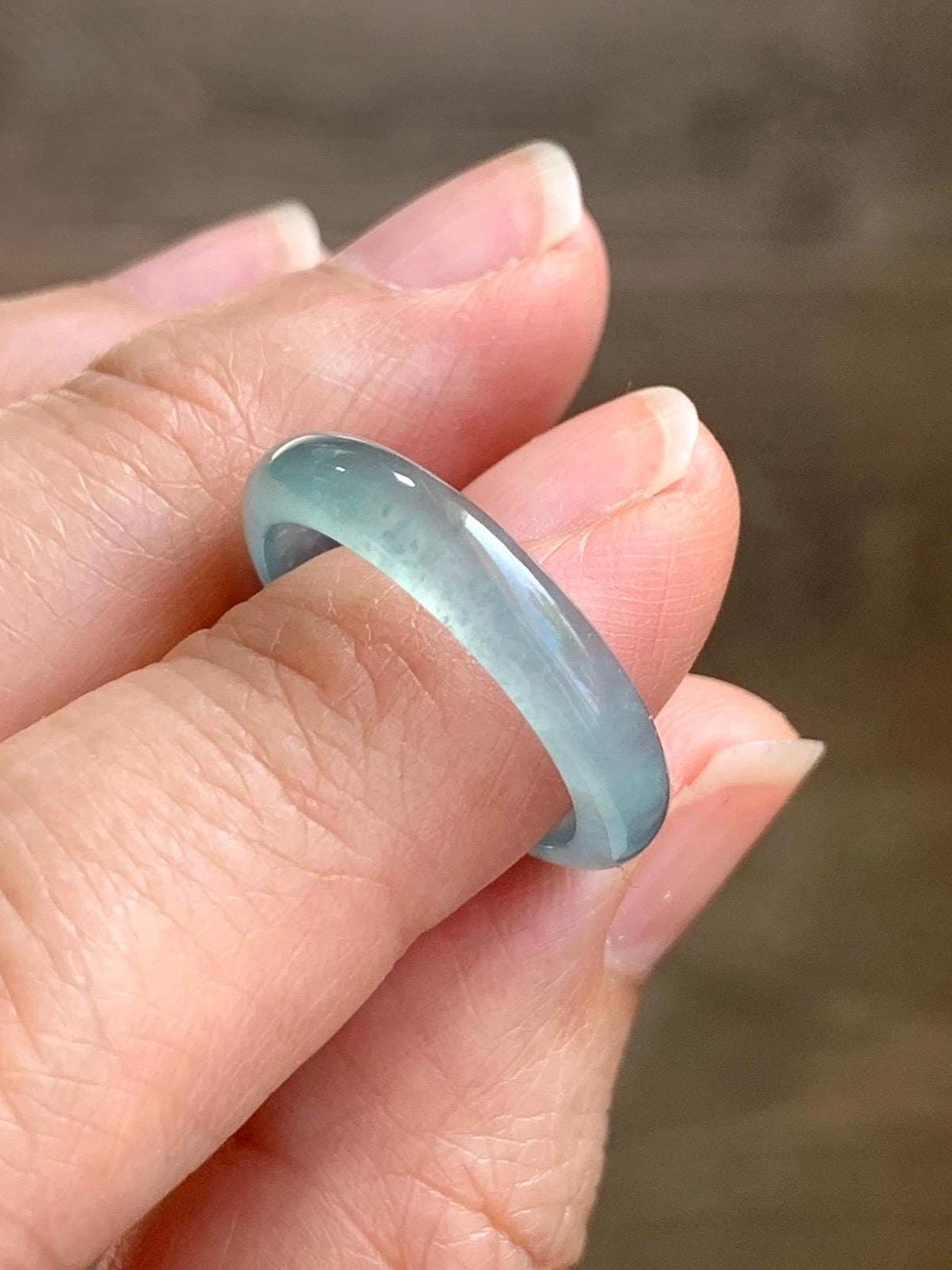 Natural Grade A Guatemalan Icy Highly Translucent Gelatinous Light Teal Blue Jade Jadeite Band Ring Size 6.5 US 天然冰危浅蓝起光翡翠戒圈 WLK44-A