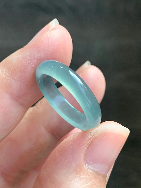 Natural Grade A Guatemalan Icy Highly Translucent Gelatinous Light Teal Blue Jade Jadeite Band Ring Size 6.5 US 天然冰危浅蓝起光翡翠戒圈 WLK44-B