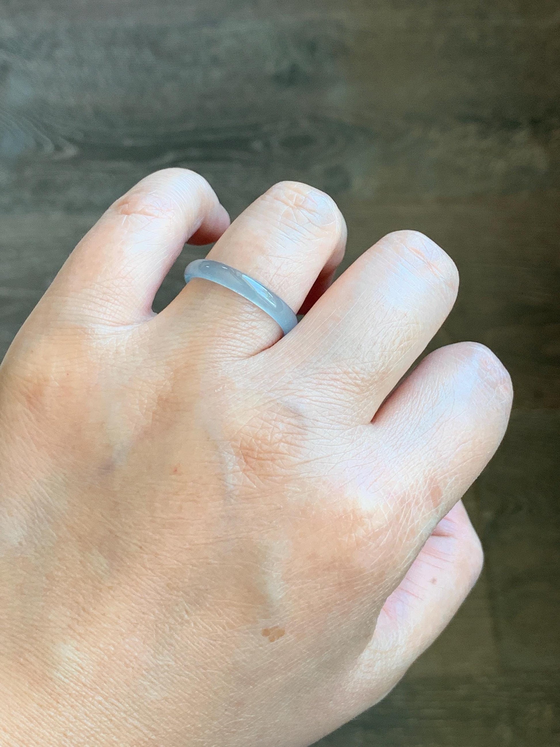 Natural Grade A Guatemalan Icy Highly Translucent Gelatinous Pastel Teal Blue Jade Jadeite Band Ring Size 9 US 天然冰危淡蓝起光翡翠戒圈 WZC44-A