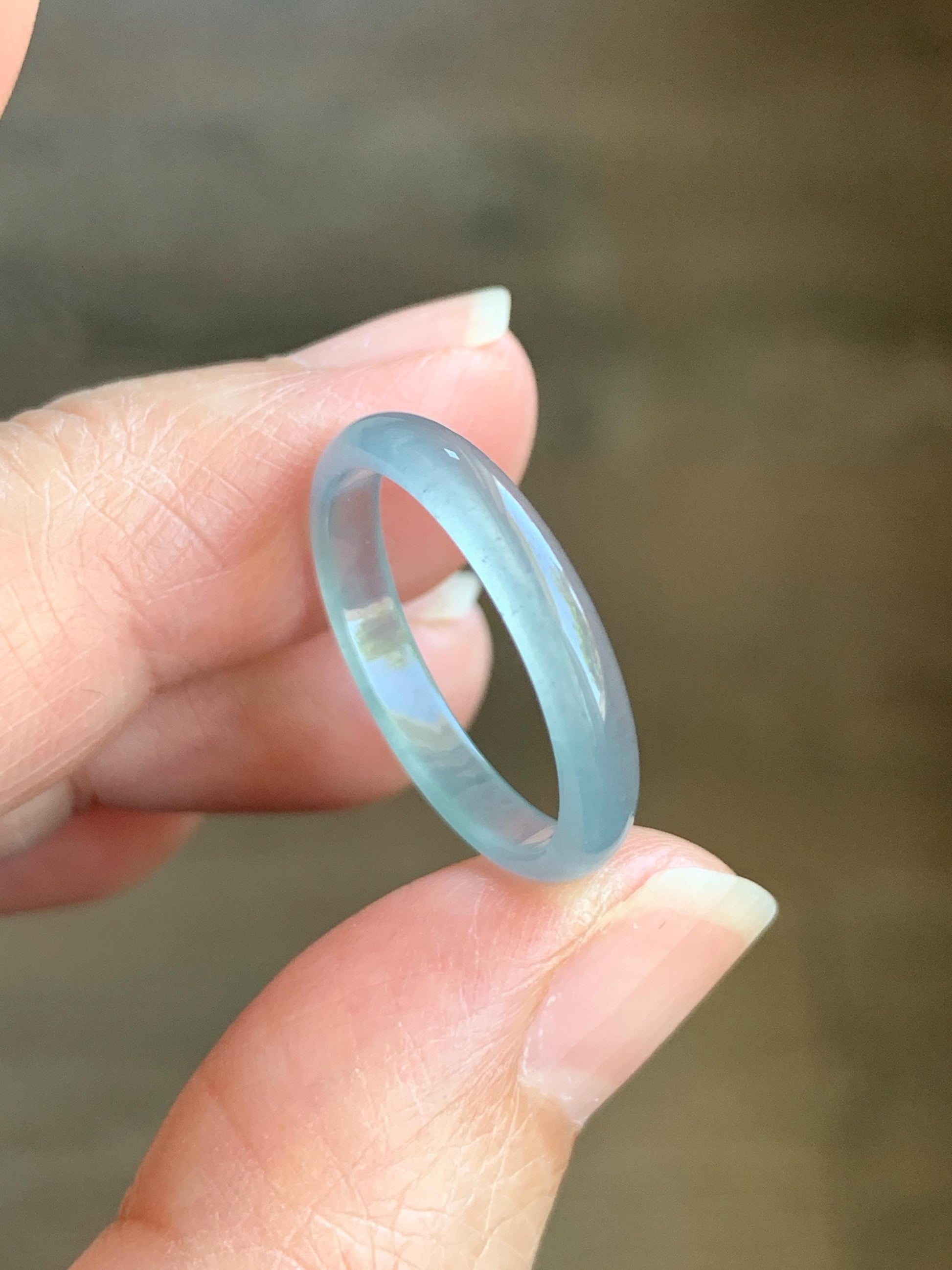 Natural Grade A Guatemalan Icy Highly Translucent Gelatinous Pastel Teal Blue Jade Jadeite Band Ring Size 7.75 US 天然冰危淡蓝起光翡翠戒圈 WZC44-B