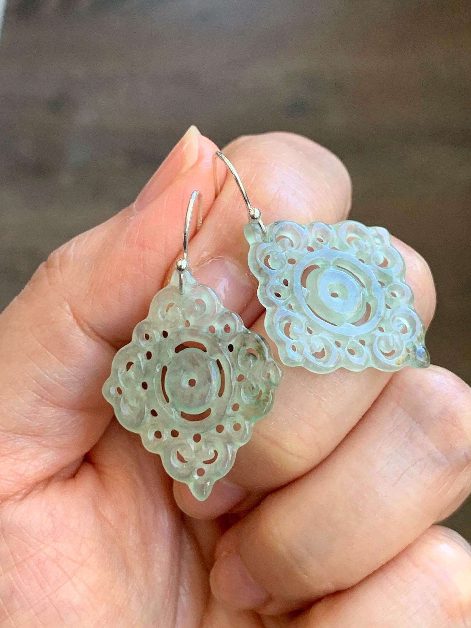 Natural Grade A Icy Highly Translucent Light Green Jadeite Openwork Engraved Dangle Earrings Sterling Silver 4g 天然冰胶起光晴色翡翠仿古镂空雕银耳钩 QLK150