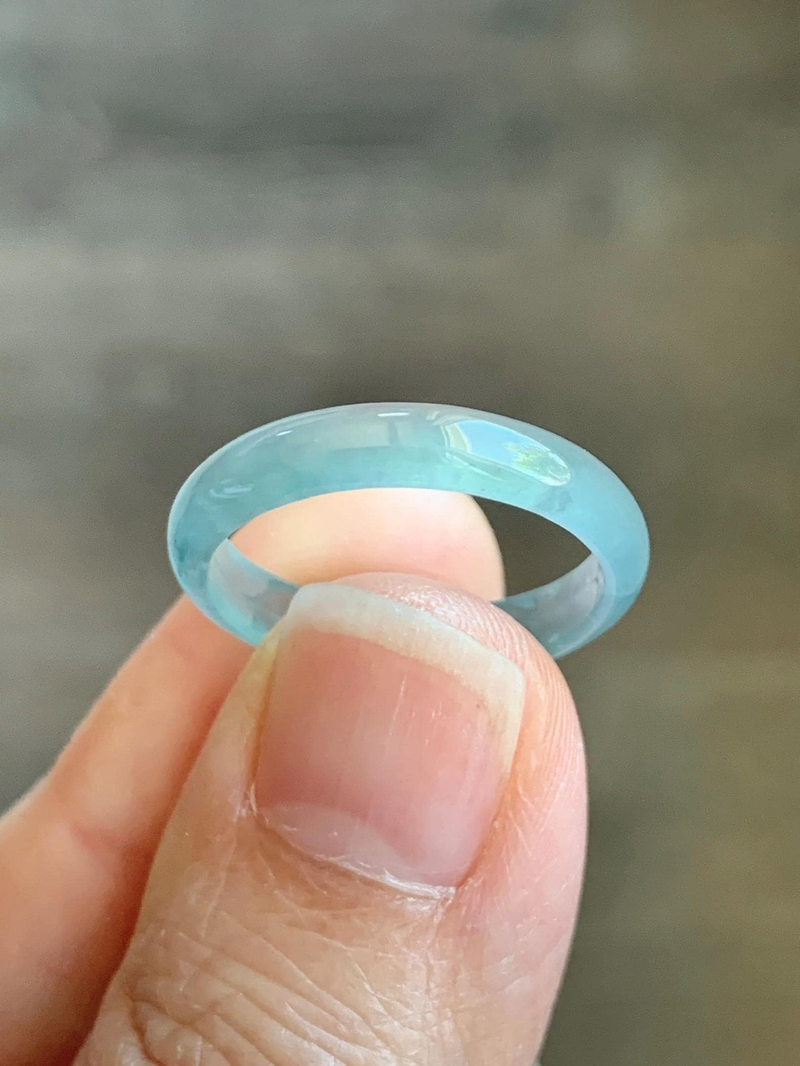 Natural Grade A Guatemalan Icy Highly Translucent Gelatinous Pastel Teal Blue Jade Jadeite Band Ring Size 7.75 US 天然冰危淡蓝起光翡翠戒圈 WZC44-C