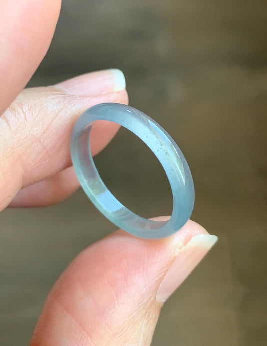 Natural Grade A Guatemalan Icy Highly Translucent Gelatinous Pastel Teal Blue Jade Jadeite Band Ring Size 7.75 US 天然冰危淡蓝起光翡翠戒圈 WZC44-B