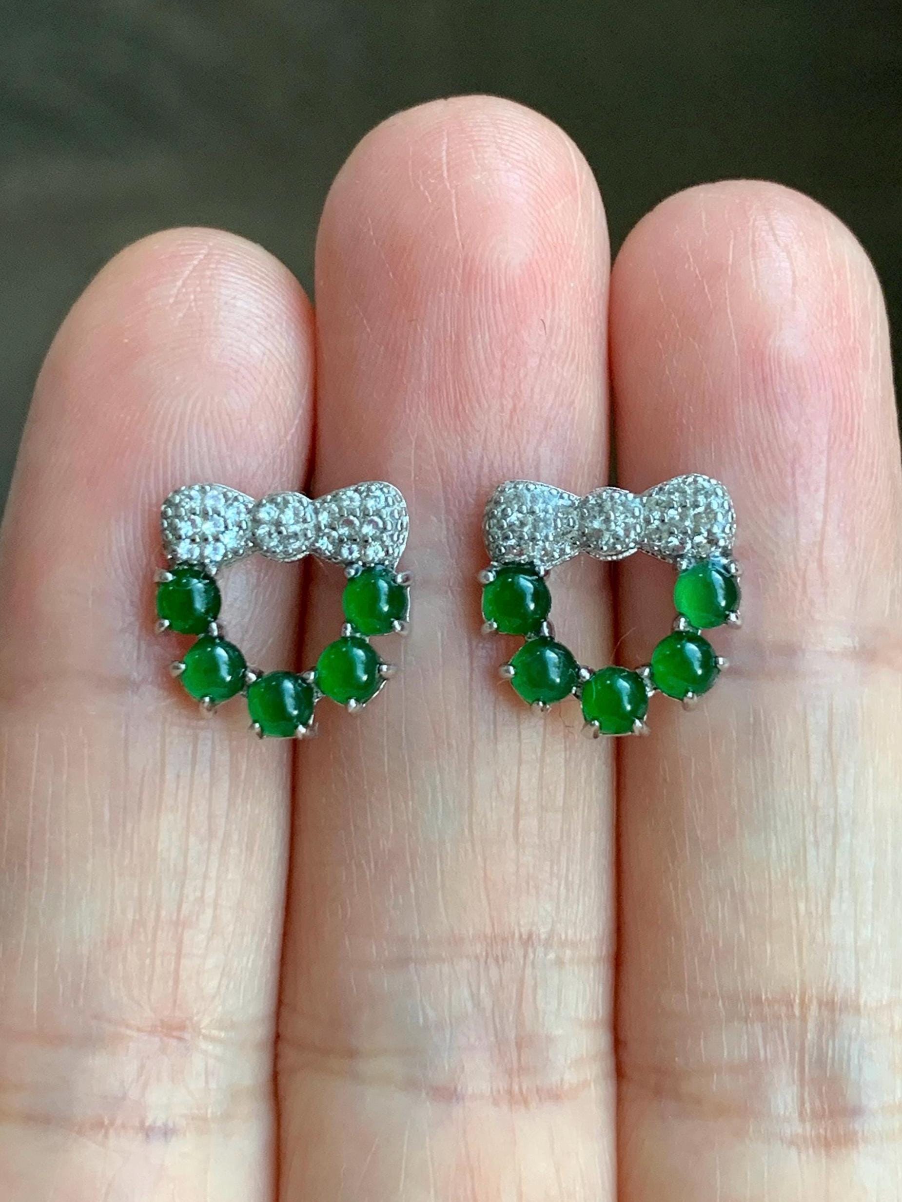 Natural Guatemalan Grade A Icy Translucent Vibrant Green Jadeite Wreath Design Stud Earrings S925 Sterling Silver 2g 天然冰危绿翡翠银镶耳钉 WLQ120
