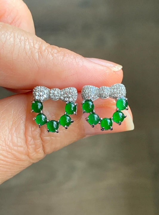 Natural Guatemalan Grade A Icy Translucent Vibrant Green Jadeite Wreath Design Stud Earrings S925 Sterling Silver 2g 天然冰危绿翡翠银镶耳钉 WLQ120