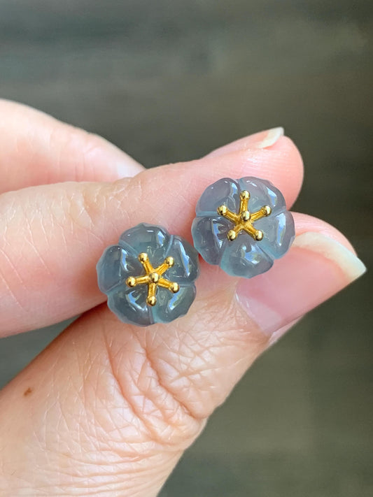 Natural Guatemalan Icy Highly Translucent Gelatinous Deep Indigo Blue Jadeite Cherry Blossom Stud Earring Sterling Silver 天然高冰危蓝翡翠梅花银镶耳钉