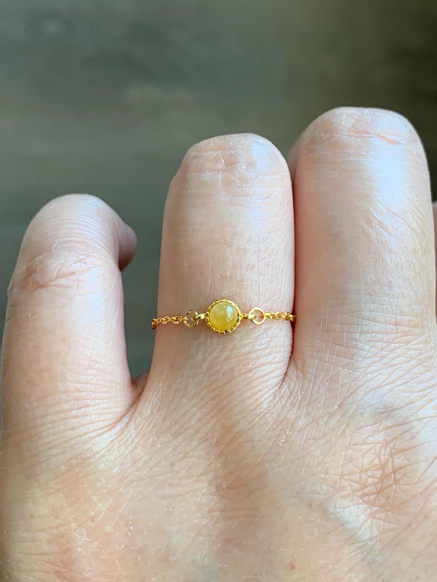 Natural Grade A Icy Translucent Yellow Jade Jadeite Round Cabochon Petite Chain Ring S925 Sterling Silver Adjustable 天然冰黄翡翠镶嵌戒链戒指 LJH33