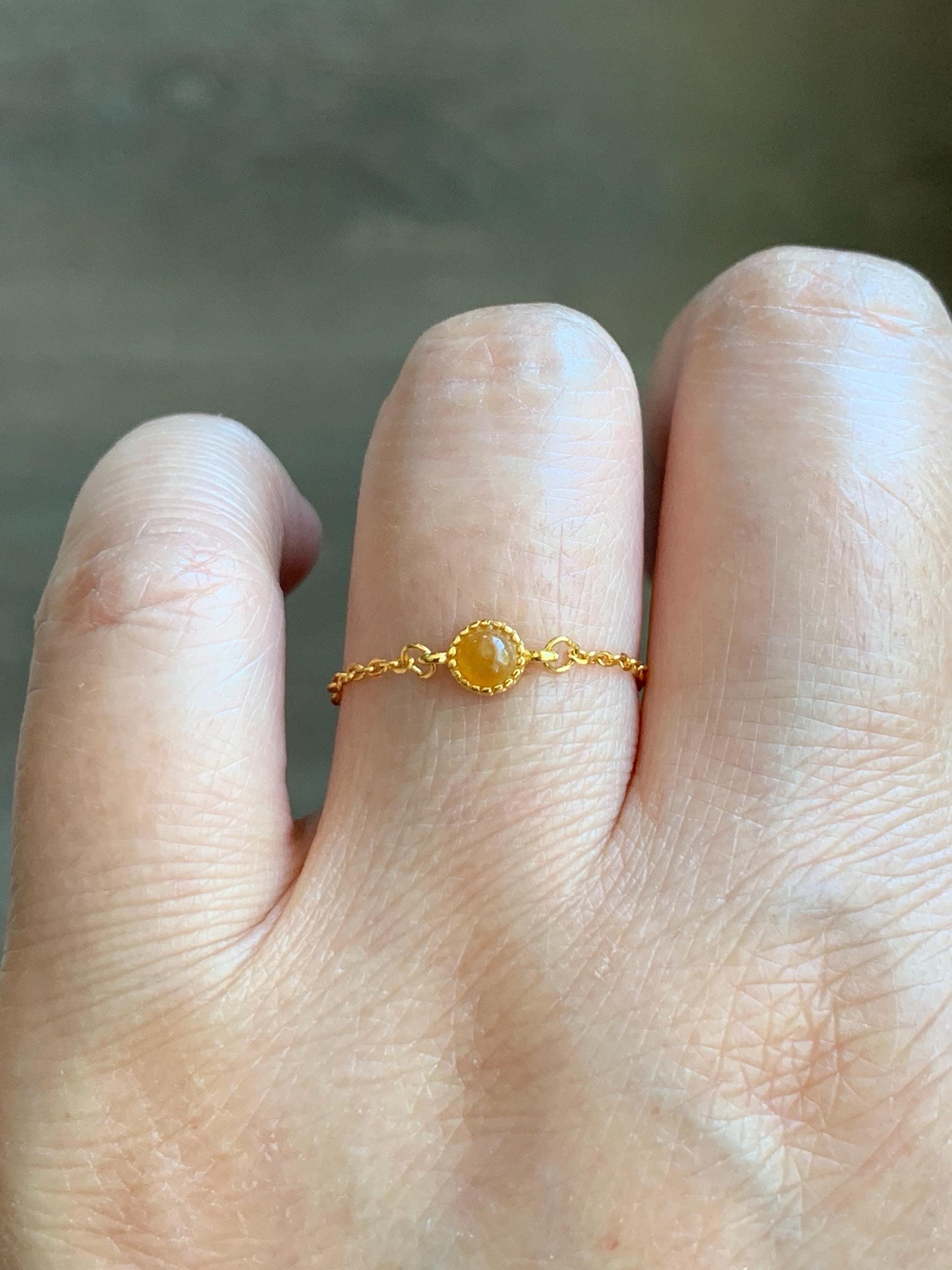Natural Grade A Icy Translucent Yellow Jade Jadeite Round Cabochon Petite Chain Ring S925 Sterling Silver Adjustable 天然冰黄翡翠镶嵌戒链戒指 LJH33