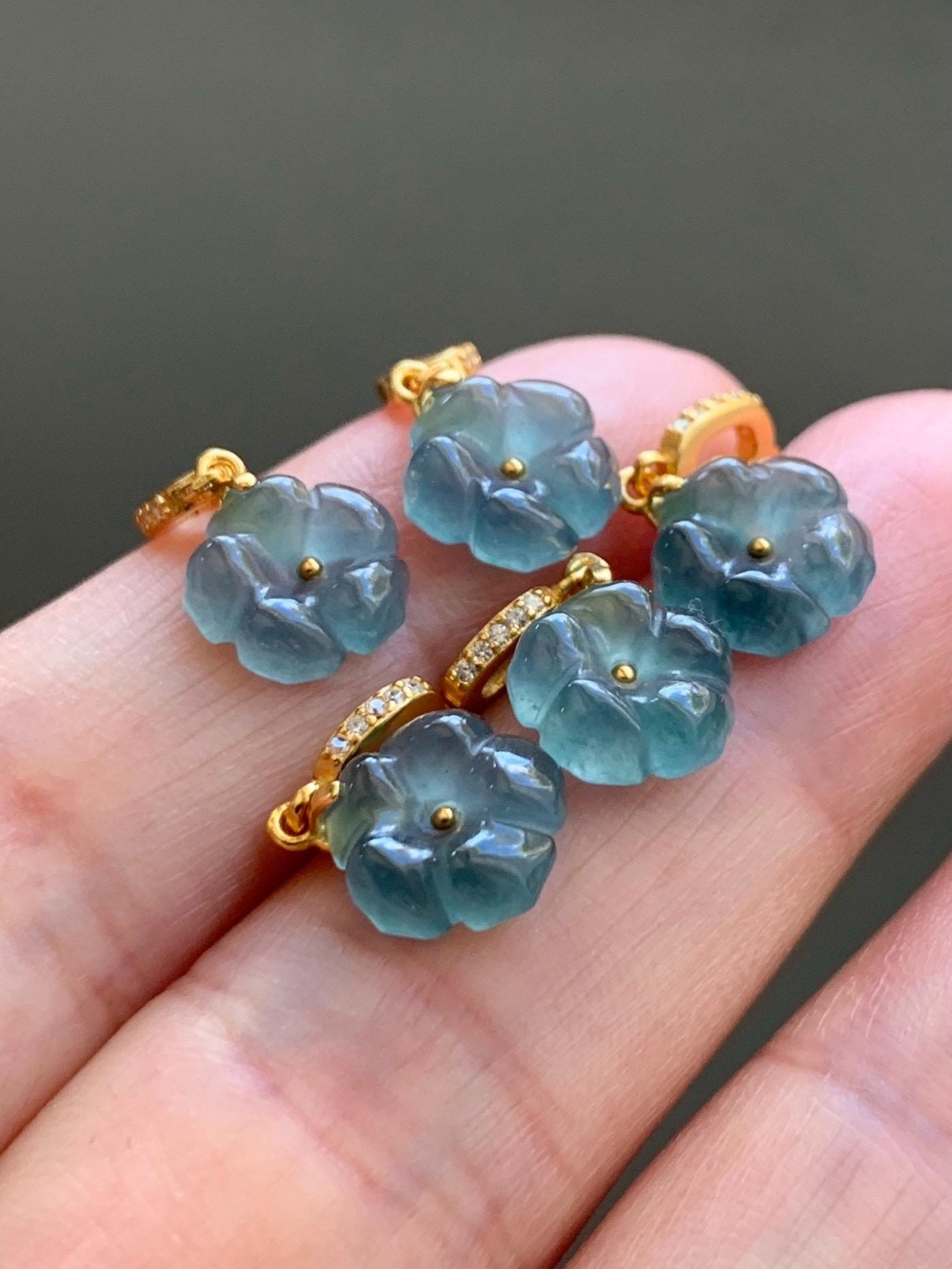 Natural Grade A Guatemalan Icy Highly Translucent Teal Blue Jadeite Cherry Blossom Petite Charm Pendant Sterling Silver 天然冰胶起光危蓝翡翠梅花镶嵌吊坠 MHK