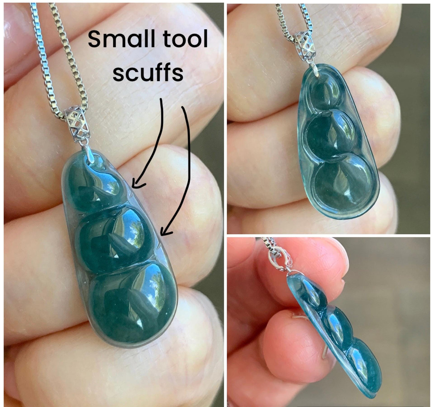 Natural Grade A Guatemalan Icy Translucent Dark Teal Blue Jadeite Carved Peapod Pendant 18K White Gold 天然冰危深蓝绿翡翠福豆镶嵌吊坠 WLD220-E