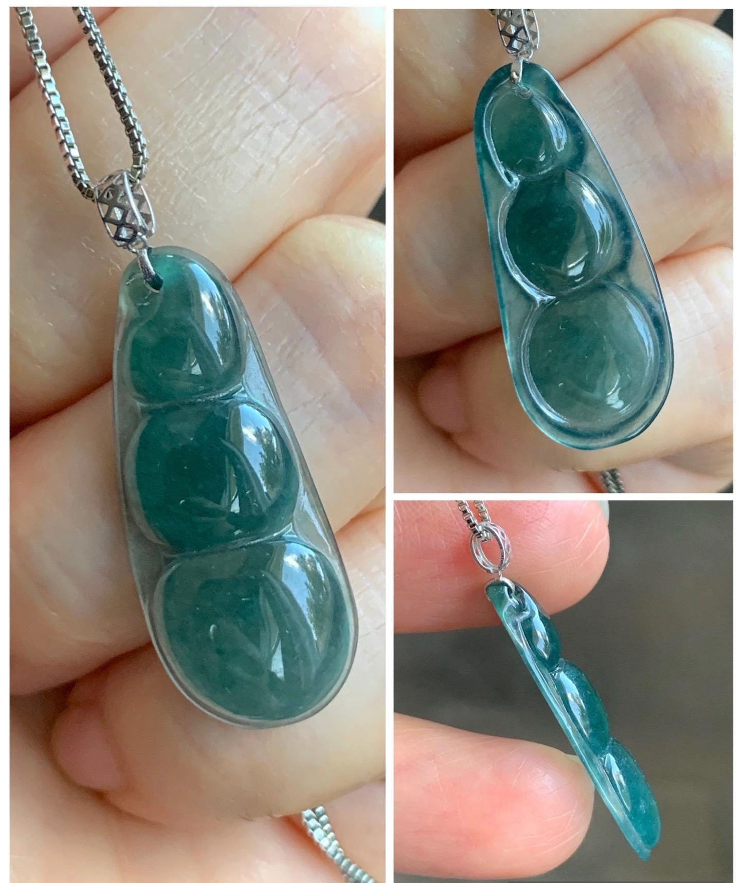 Natural Grade A Guatemalan Icy Translucent Dark Teal Blue Jadeite Carved Peapod Pendant 18K White Gold 天然冰危深蓝绿翡翠福豆镶嵌吊坠 WLD220-A
