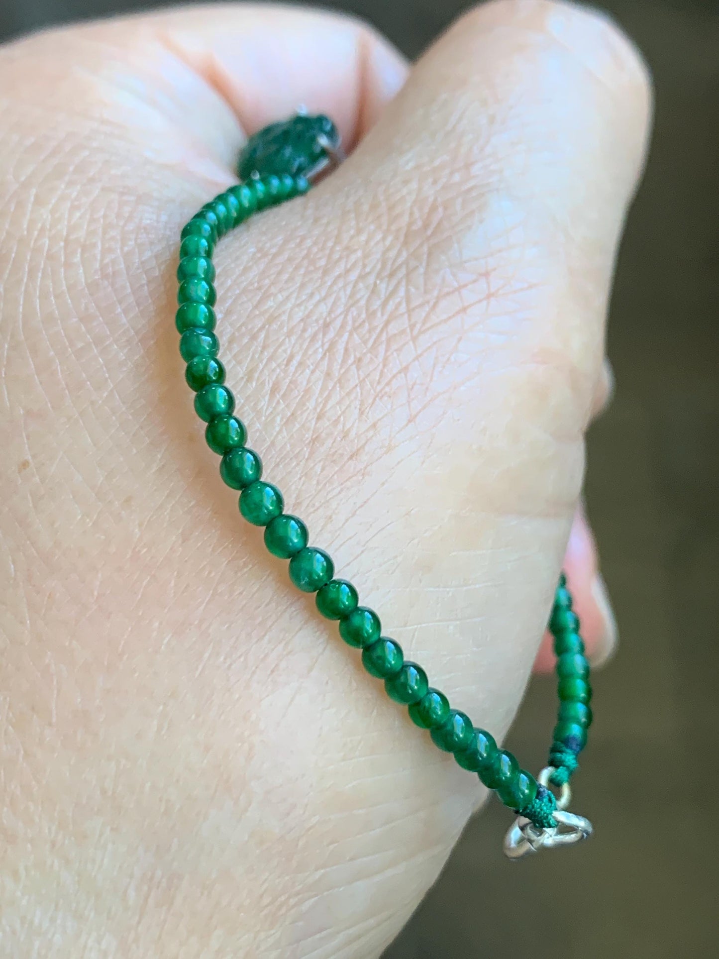Natural Guatemalan Icy Translucent Vibrant Green Jadeite Lotus Flower Petite Beaded Bracelet 6.75” Sterling Silver 3g 天然冰危绿翡翠莲花小圆珠手串 LHX400