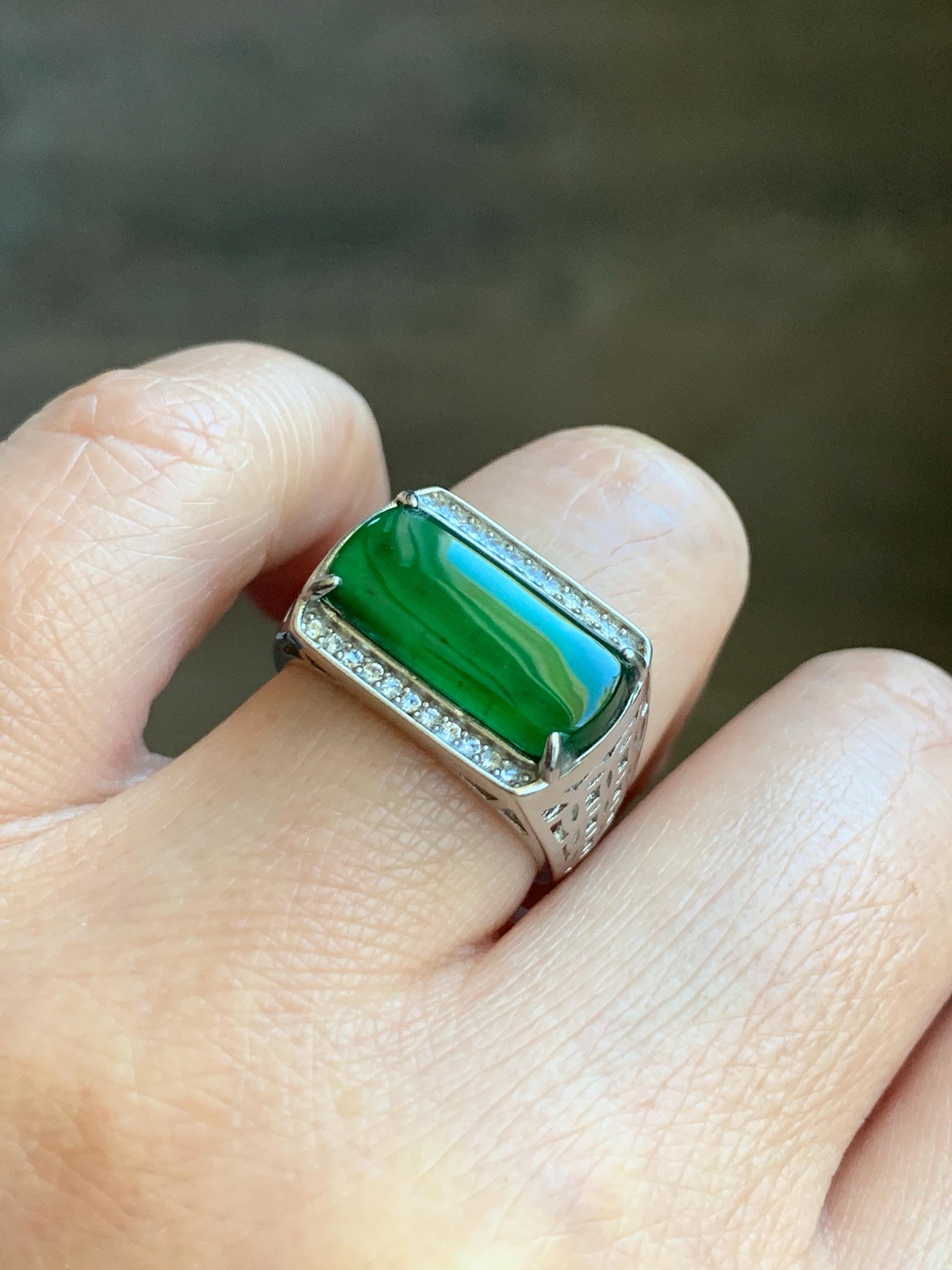 Certified Natural Grade A Guatemalan Icy Highly Translucent Vibrant Green Jadeite Saddle Ring Sterling Silver Adjustable 天然冰危绿翡翠马鞍银镶戒指 1505