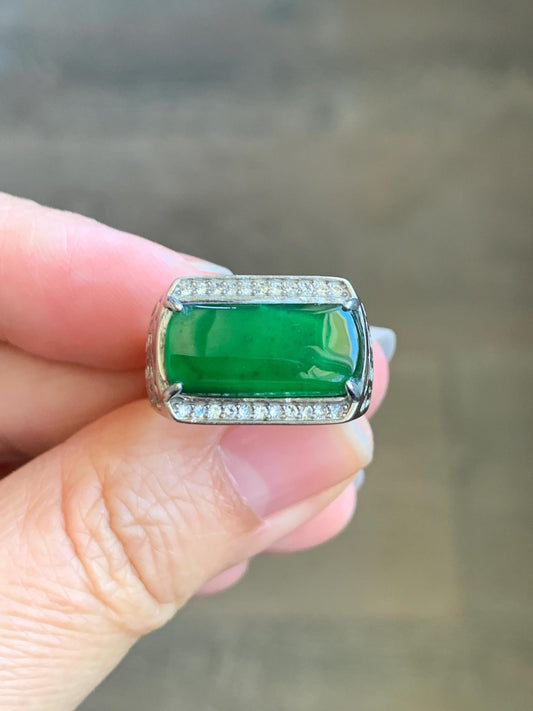Certified Natural Grade A Guatemalan Icy Highly Translucent Vibrant Green Jadeite Saddle Ring Sterling Silver Adjustable 天然冰危绿翡翠马鞍银镶戒指 1505