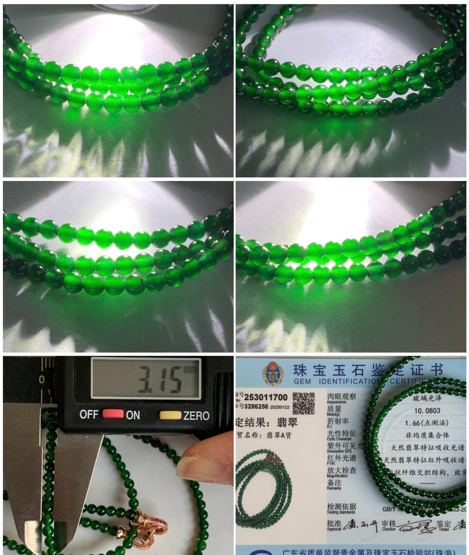 Certified Natural Guatemalan Icy Highly Translucent Vibrant Green Jadeite Petite Beads Beaded Necklace 3.14mm 21" 10g 天然老种冰危绿小圆珠项链 1700