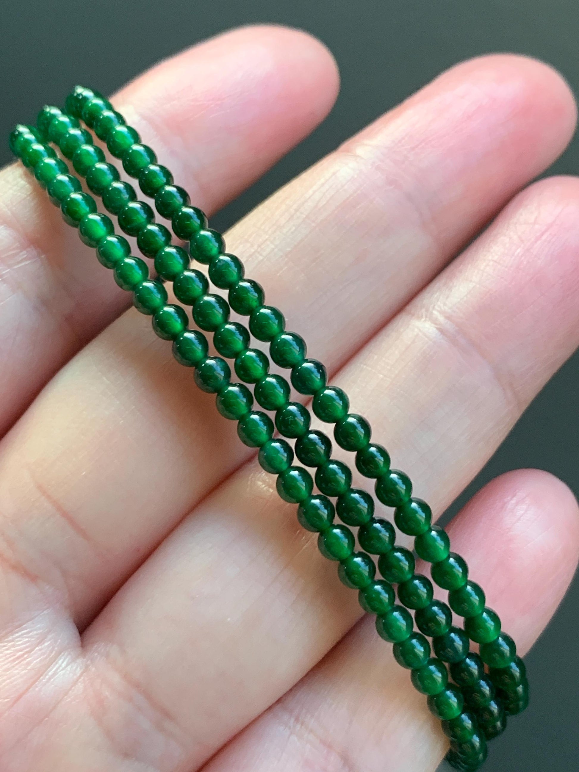 Certified Natural Guatemalan Icy Highly Translucent Vibrant Green Jadeite Petite Beads Beaded Necklace 3.14mm 21" 10g 天然老种冰危绿小圆珠项链 1700