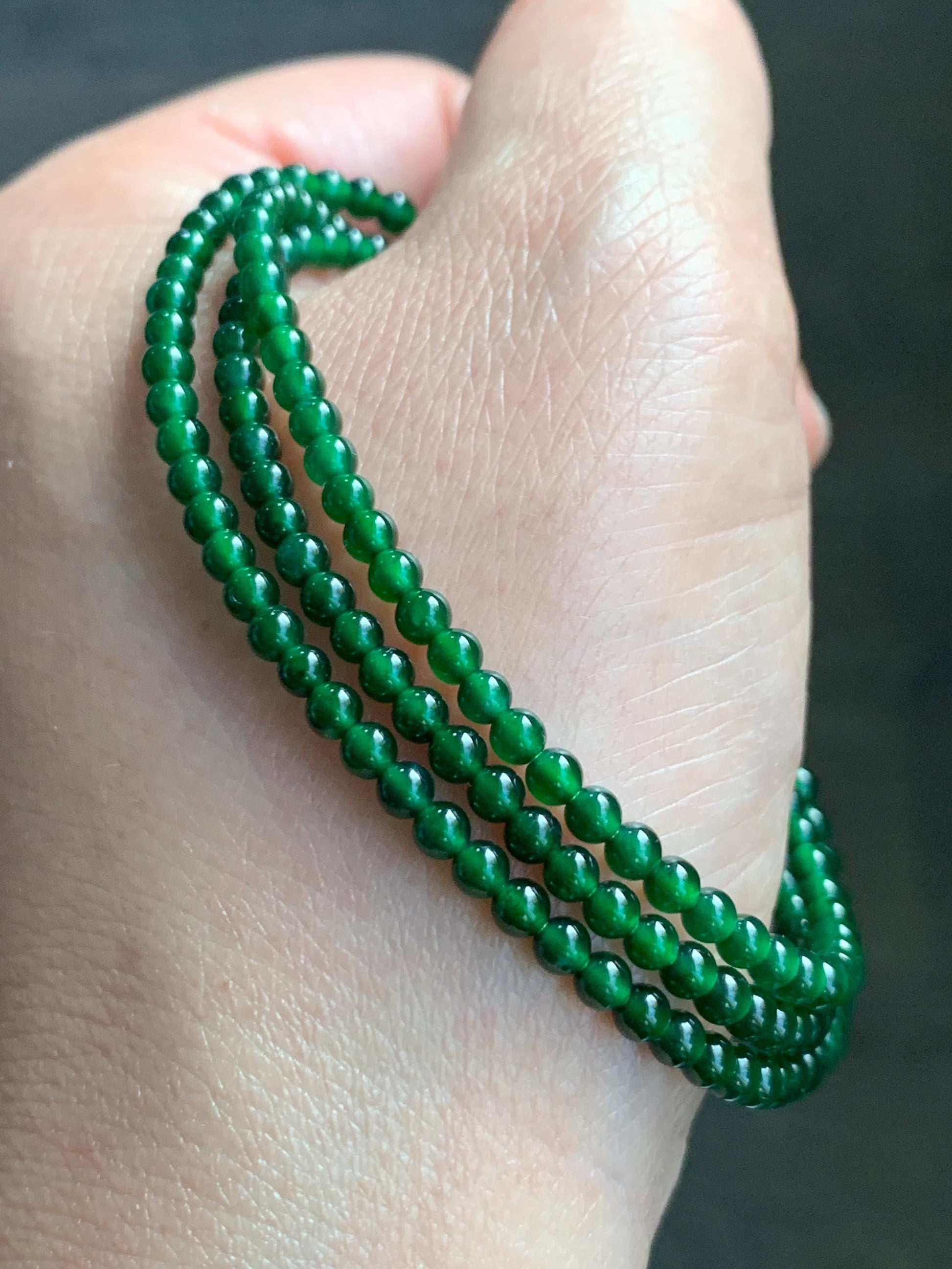 Certified Natural Guatemalan Icy Highly Translucent Vibrant Green Jadeite Petite Beads Beaded Necklace 3.14mm 21" 10g 天然老种冰危绿小圆珠项链 1700