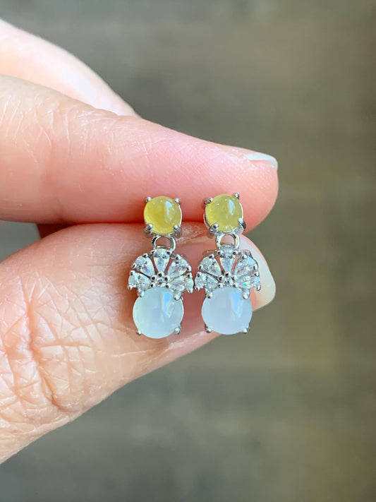 Natural Grade A Icy Highly Translucent Yellow & White Jade Jadeite Stud Dangle Earrings Sterling Silver 天然冰黄白翡翠银镶耳钉 MHB55