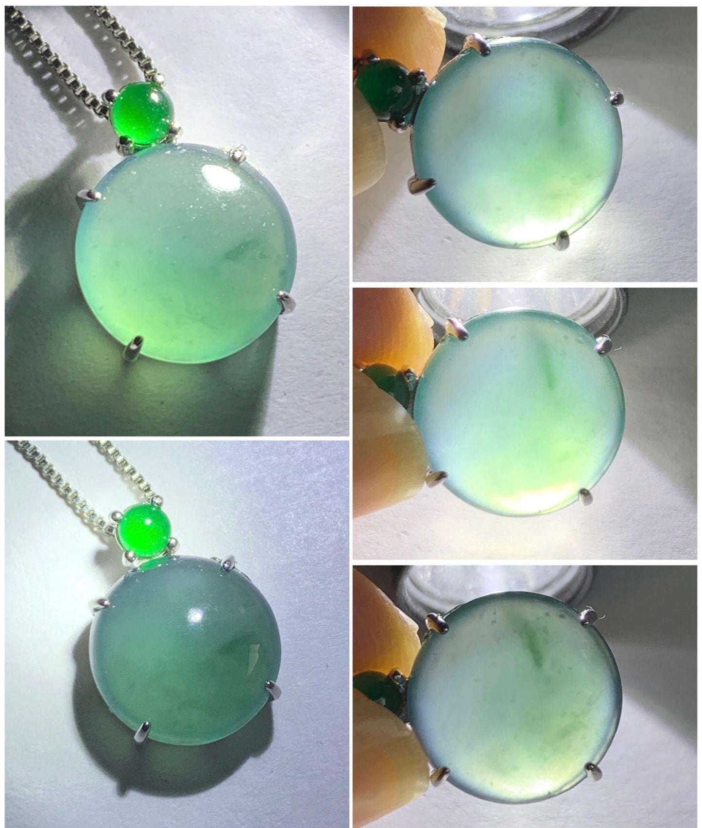 Natural Guatemalan Grade A Icy Highly Translucent Teal Blue Jadeite Large Round Cabochon Pendant Sterling Silver 天然冰危蓝翡翠大蛋面银镶吊坠 DWD128