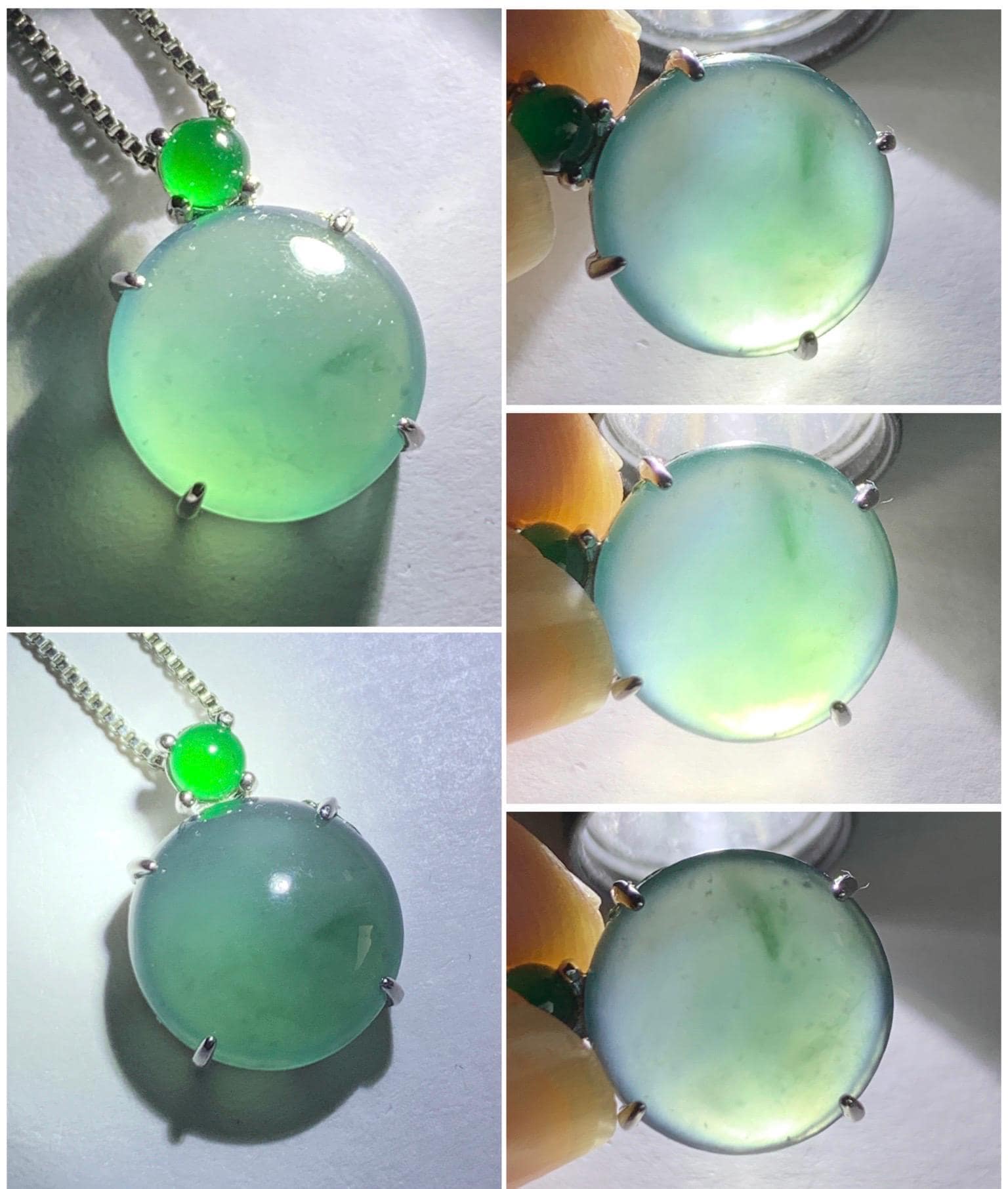 Natural Guatemalan Grade A Icy Highly Translucent Teal Blue Jadeite Large Round Cabochon Pendant Sterling Silver 天然冰危蓝翡翠大蛋面银镶吊坠 DWD128