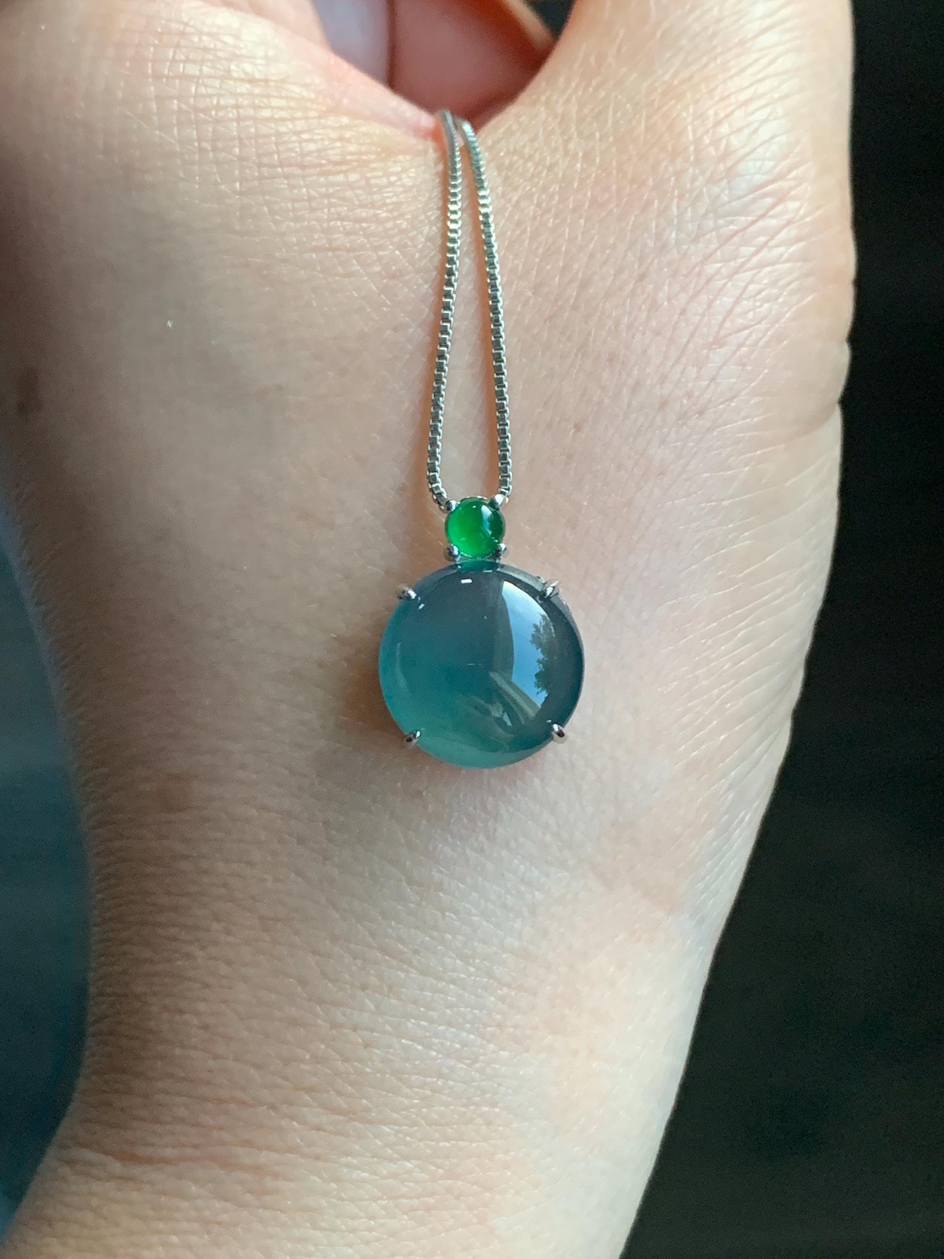 Natural Guatemalan Grade A Icy Highly Translucent Teal Blue Jadeite Large Round Cabochon Pendant Sterling Silver 天然冰危蓝翡翠大蛋面银镶吊坠 DWD128