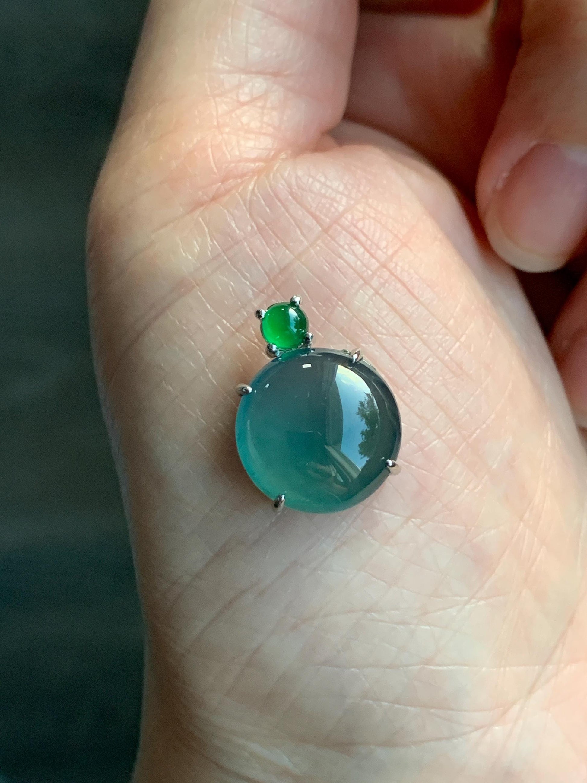 Natural Guatemalan Grade A Icy Highly Translucent Teal Blue Jadeite Large Round Cabochon Pendant Sterling Silver 天然冰危蓝翡翠大蛋面银镶吊坠 DWD128