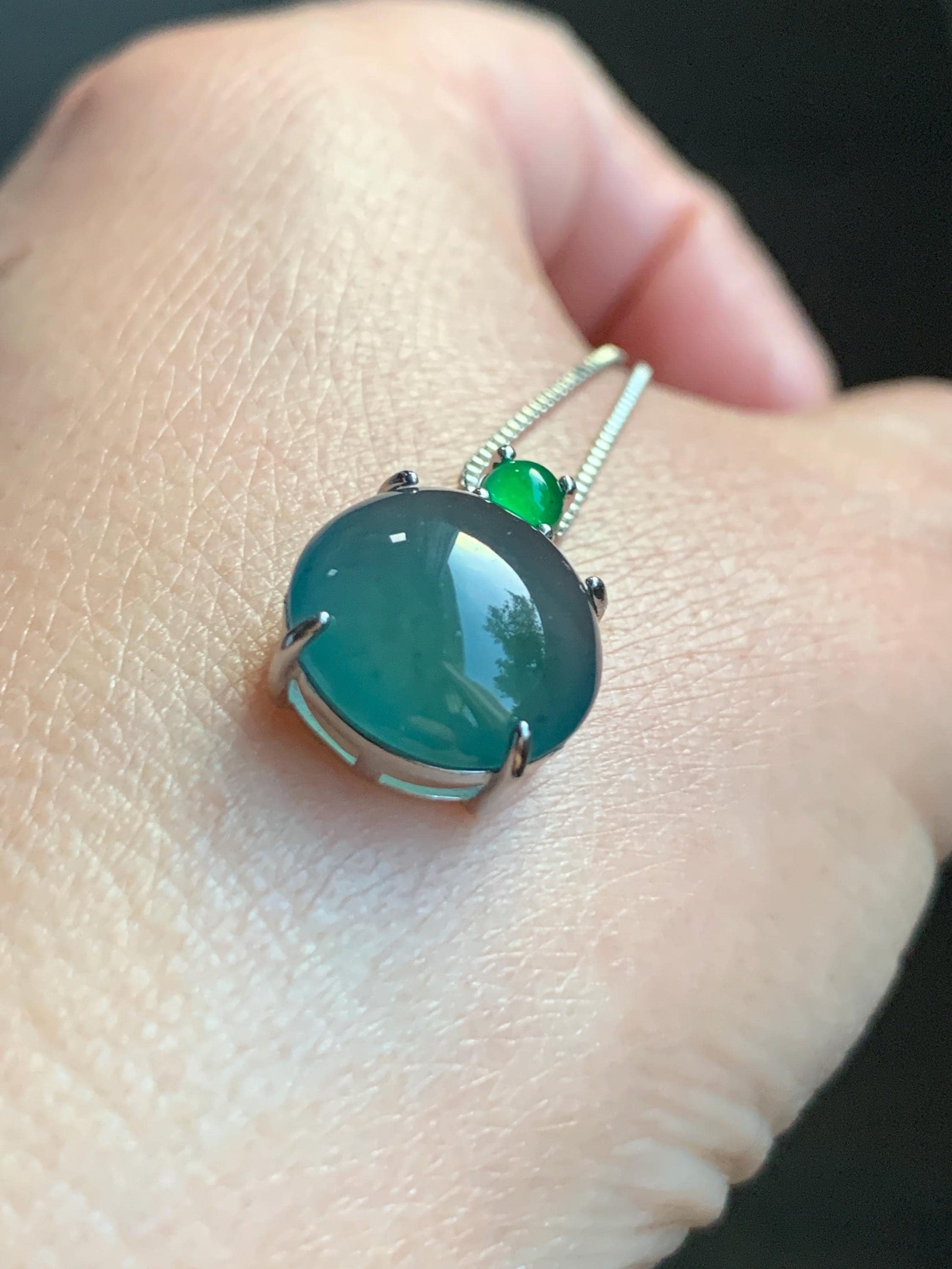 Natural Guatemalan Grade A Icy Highly Translucent Teal Blue Jadeite Large Round Cabochon Pendant Sterling Silver 天然冰危蓝翡翠大蛋面银镶吊坠 DWD128