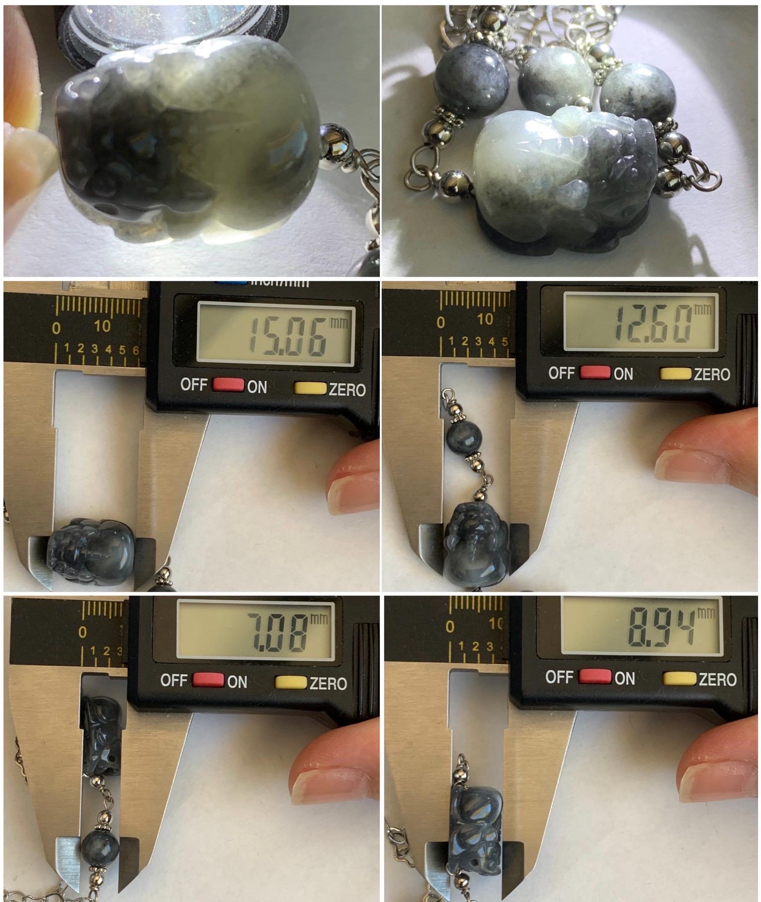 Natural Grade A Translucent Wuji Jadeite Carved Pixiu & Beads Chain Bracelet 14K White Gold Plated adjustable 7.5” 天然乌鸡翡翠貔貅14K包金手链 WPX50